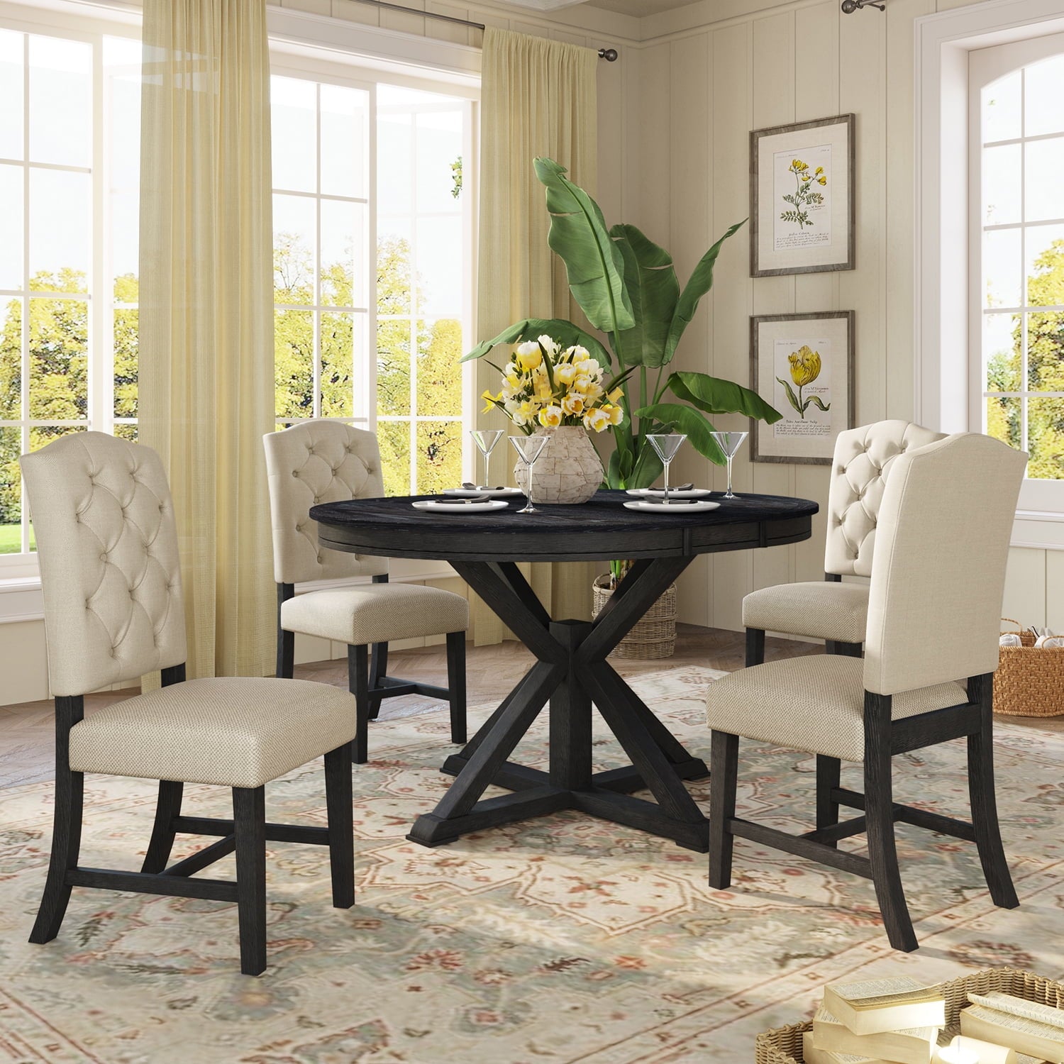 Harper & Bright Designs Extendable Dining Table Set for 4 Upholstered Chairs Functional Retro Style Table for Dining Room Kitchen, Natural Wood Wash