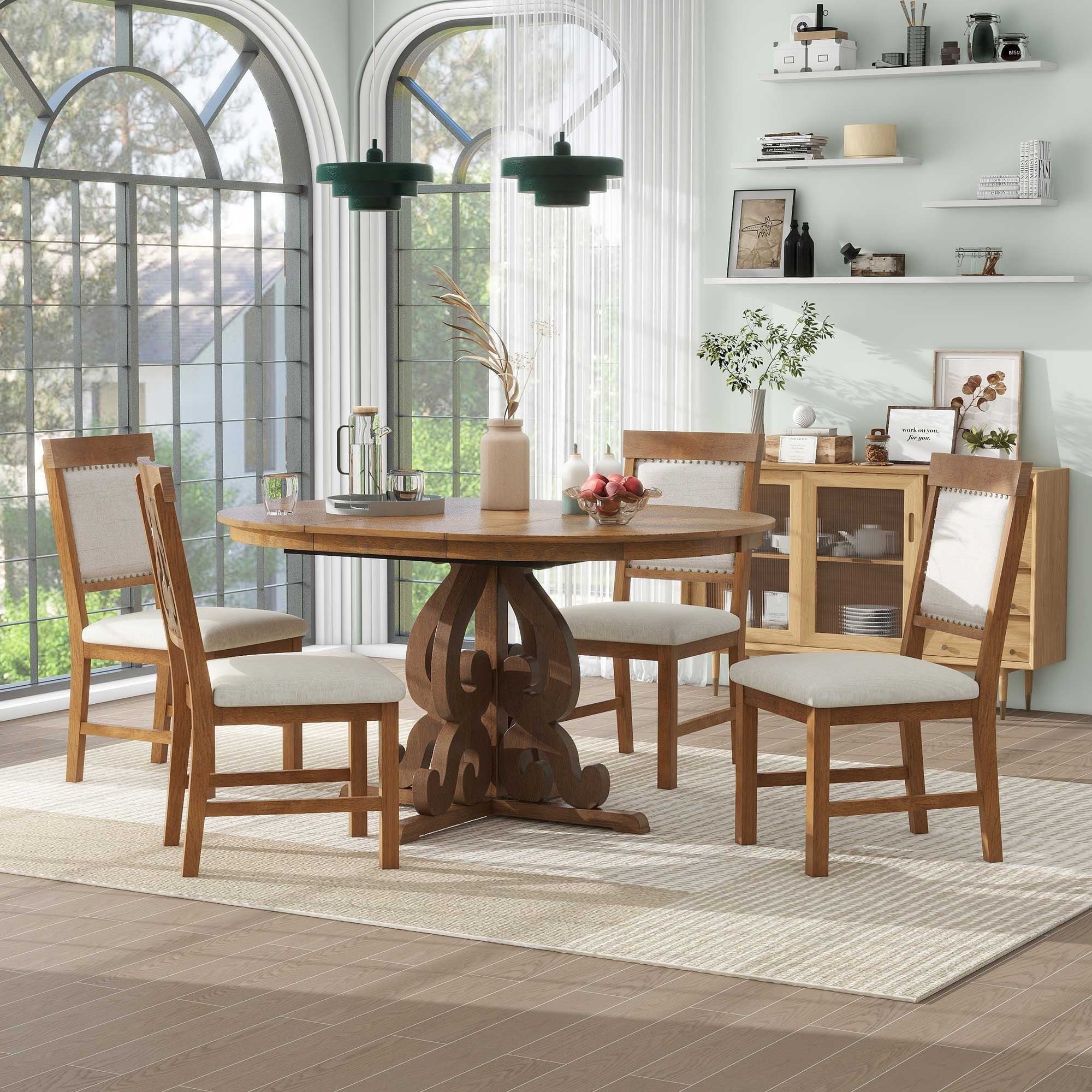Harper & Bright Designs Farmhouse 5 Piece Kitchen Dining Table Set for 4, Solid Wood Extendable Round Dining Table Set and 4 Upholstered Chairs, Retro Dining Set for Kitchen, Natural Wood Wash