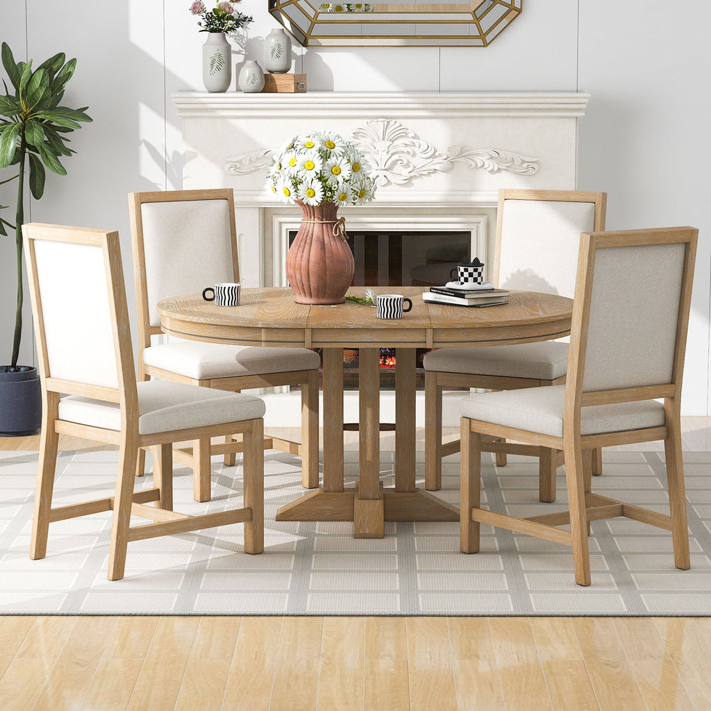 Harper & Bright Designs Farmhouse 5 Piece Kitchen Dining Table Set for 4, Solid Wood Extendable Round Dining Table Set and 4 Upholstered Chairs, Retro Dining Set for Kitchen, Natural Wood Wash