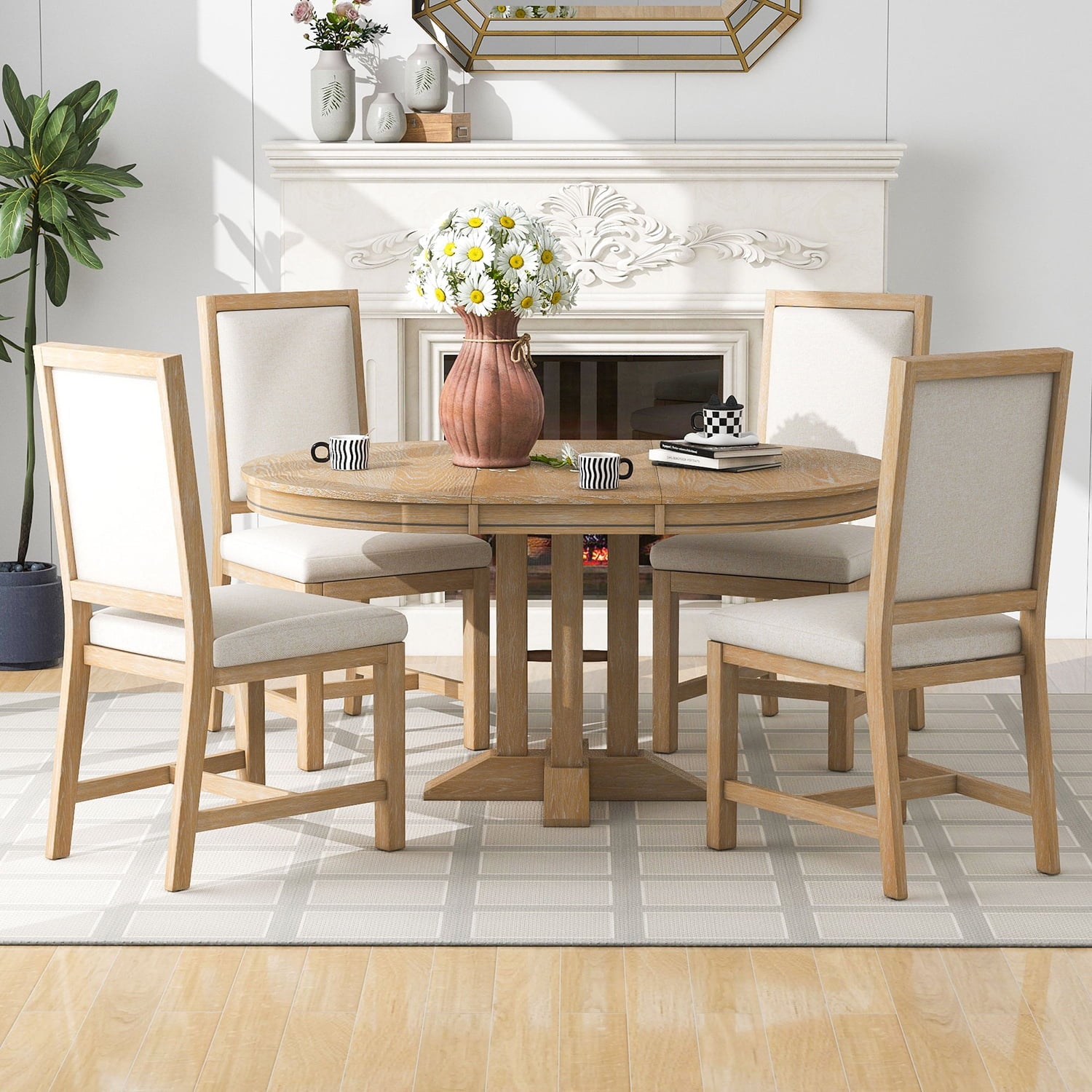 Harper & Bright Designs Farmhouse 5 Piece Kitchen Dining Table Set for 4, Solid Wood Extendable Round Dining Table Set and 4 Upholstered Chairs, Retro Dining Set for Kitchen, Natural Wood Wash