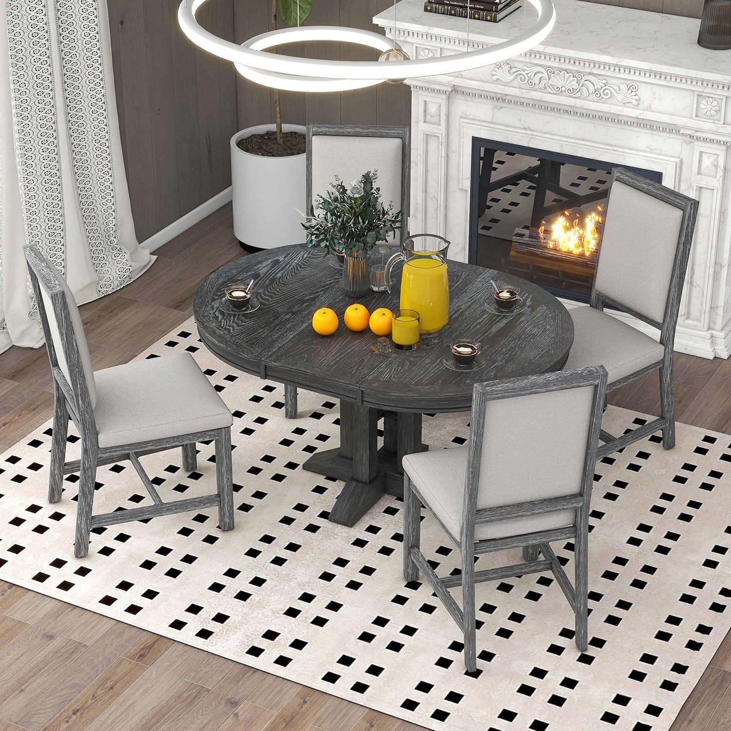 Harper & Bright Designs Farmhouse 5 Piece Kitchen Dining Table Set for 4, Solid Wood Extendable Round Dining Table Set and 4 Upholstered Chairs, Retro Dining Set for Kitchen, Natural Wood Wash