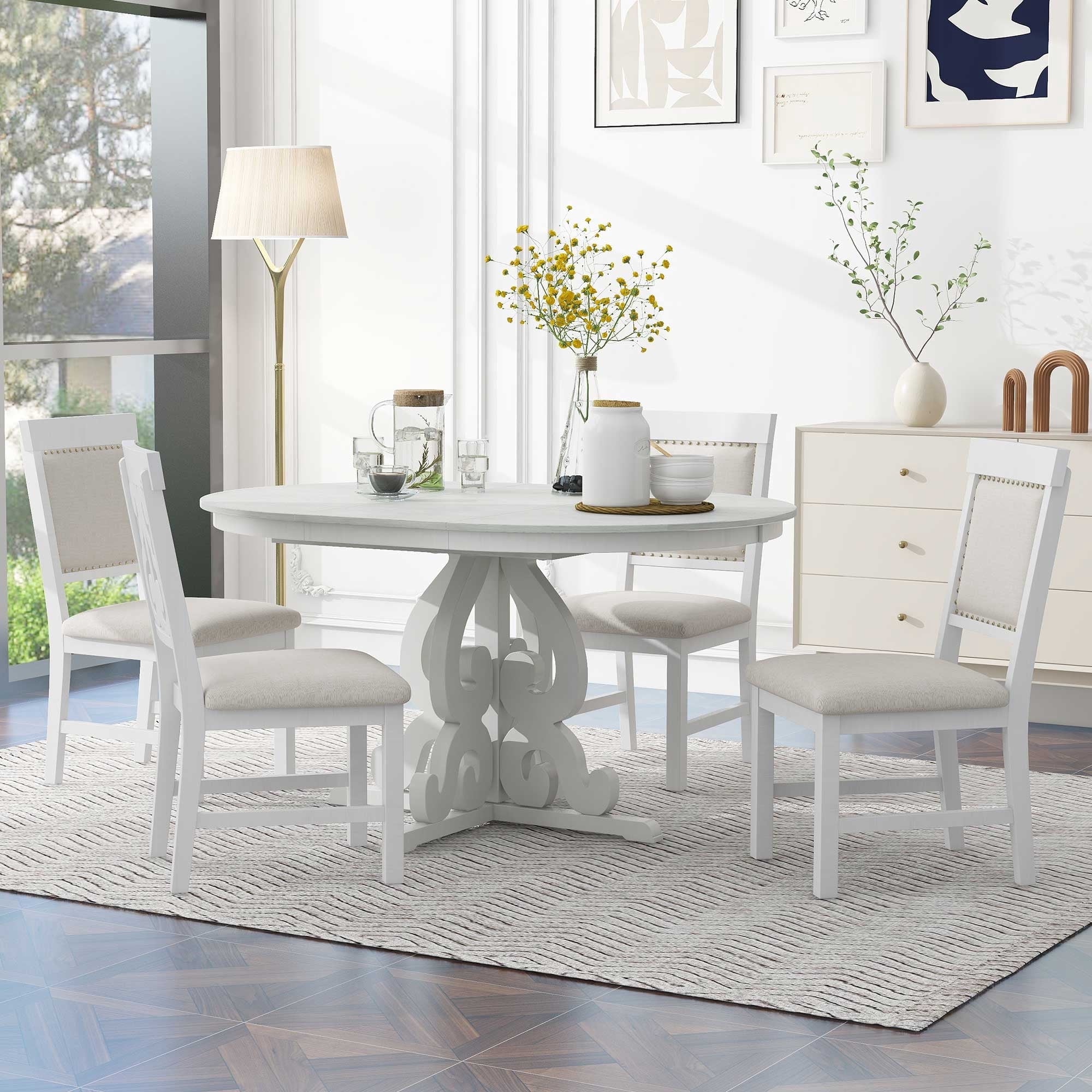 Harper & Bright Designs Farmhouse 5 Piece Kitchen Dining Table Set for 4, Solid Wood Extendable Round Dining Table Set and 4 Upholstered Chairs, Retro Dining Set for Kitchen, Natural Wood Wash