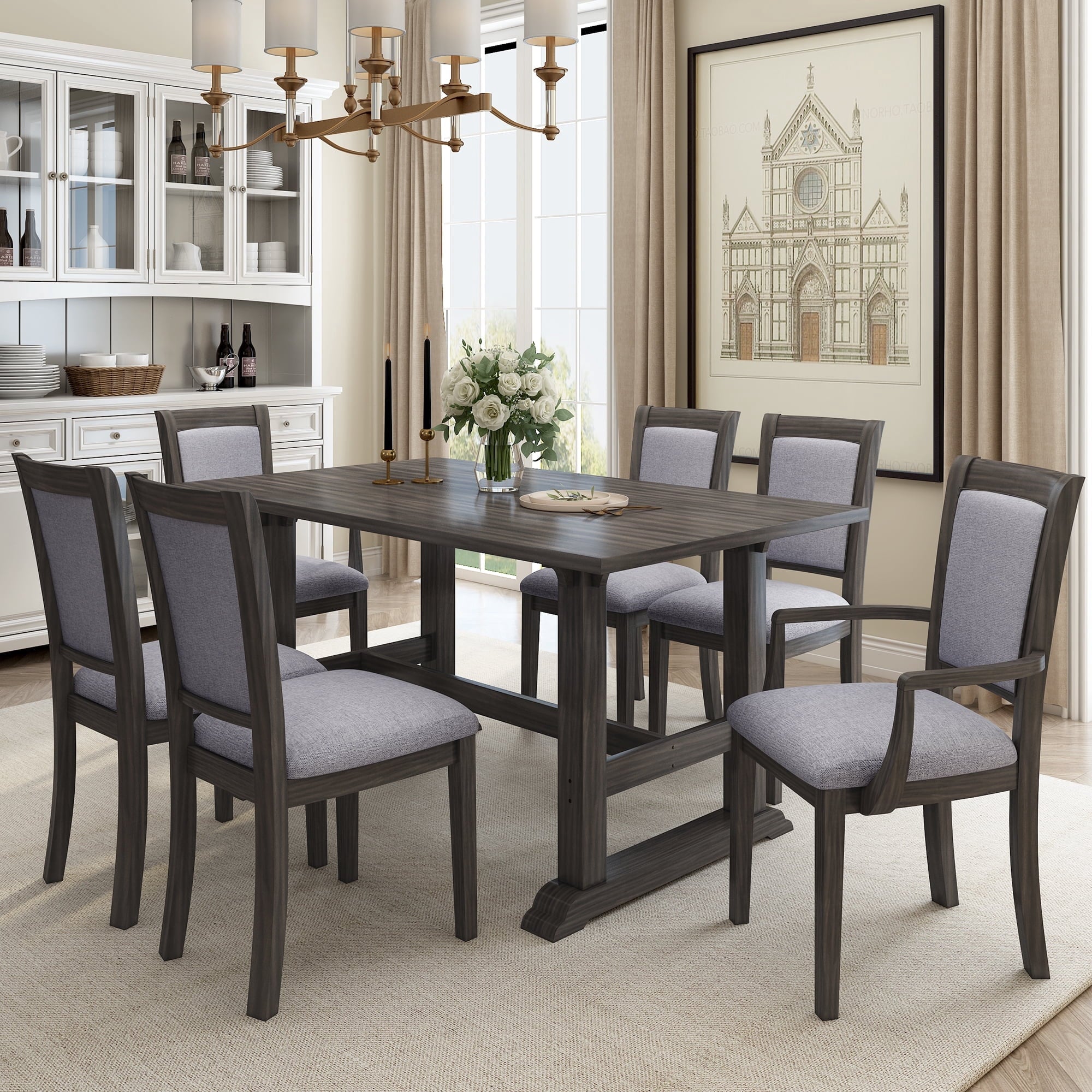 Harper & Bright Designs 7 Pieces Retro Dining Set for 6, Wood Rectangular Table with Designed Trestle Base and 6 Upholstered Chairs for Dining Room and Kitchen, Grey