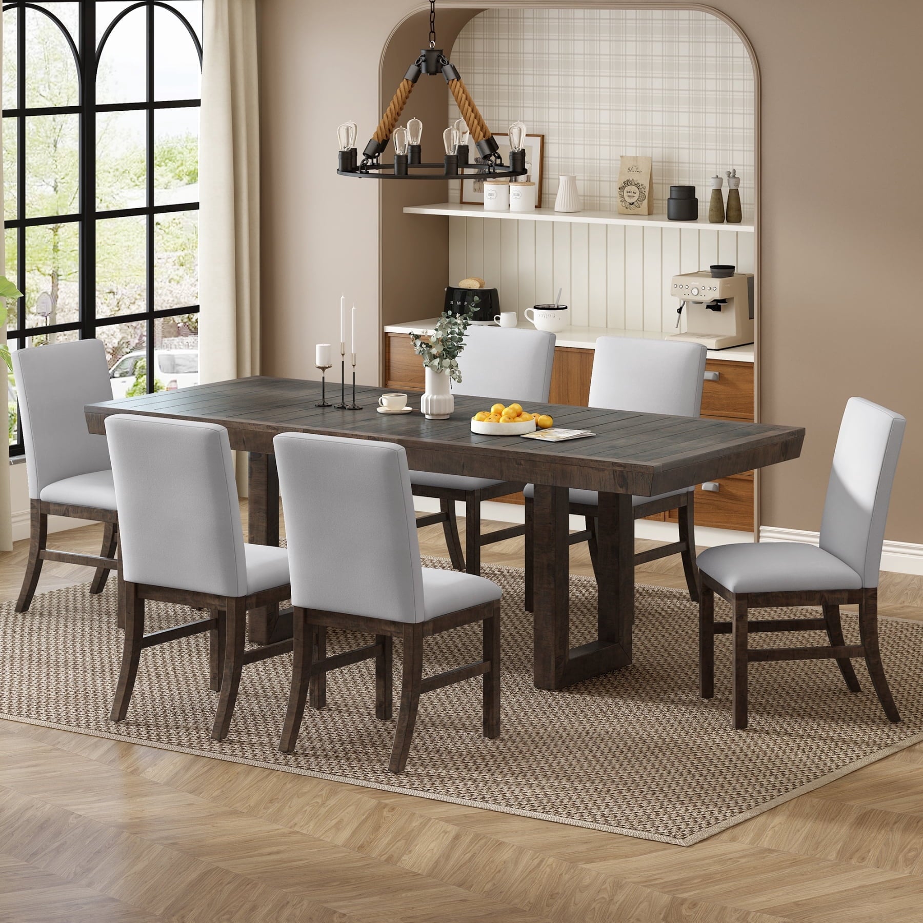 Harper & Bright Designs 7 Pieces Retro Dining Set for 6, Wood Rectangular Table with Designed Trestle Base and 6 Upholstered Chairs for Dining Room and Kitchen, Grey
