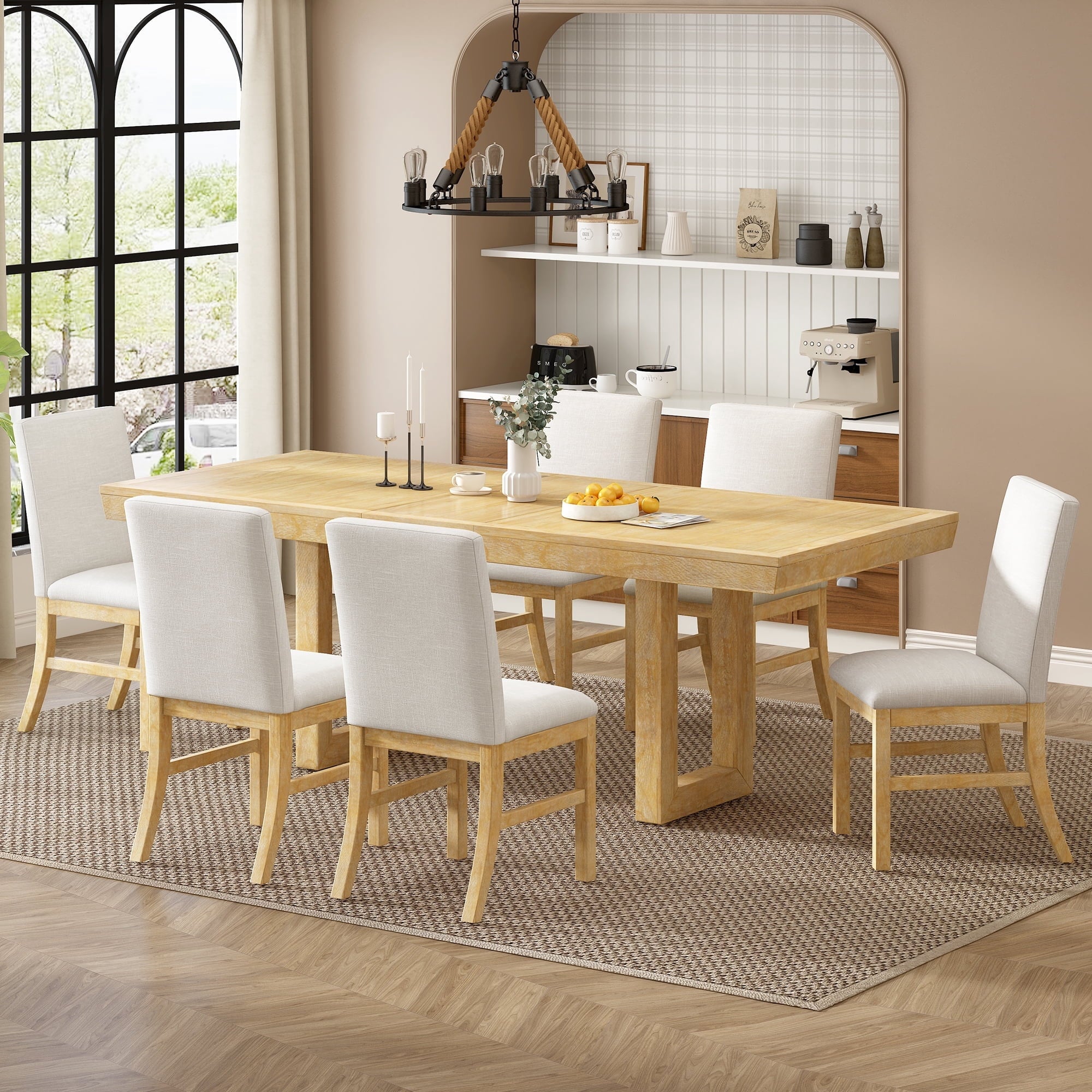 Harper & Bright Designs 7 Pieces Retro Dining Set for 6, Wood Rectangular Table with Designed Trestle Base and 6 Upholstered Chairs for Dining Room and Kitchen, Grey