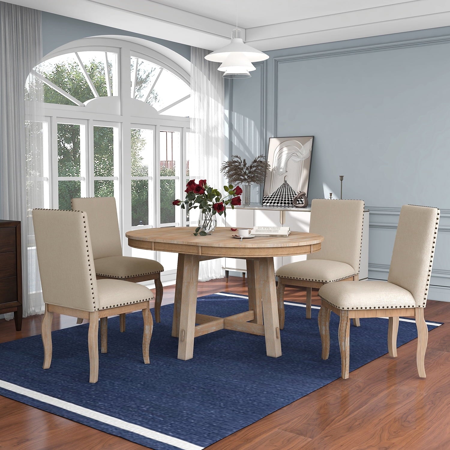Harper & Bright Designs Extendable Dining Table Set for 4 Upholstered Chairs Functional Retro Style Table for Dining Room Kitchen, Natural Wood Wash