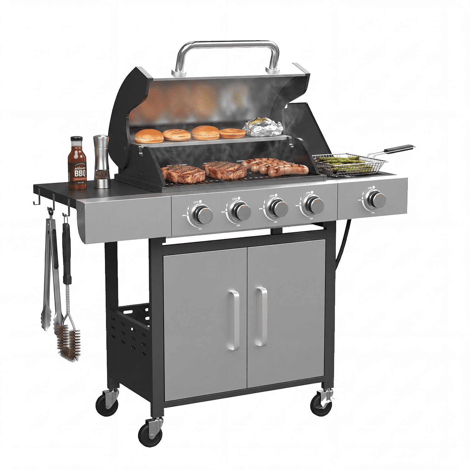 Clouddwell 4 Burner Gas Propane Grill, with 4 Casters, Side Table, and Thermometer, Patio Garden BBQ Grill Perfect for Camping, Black and Silver