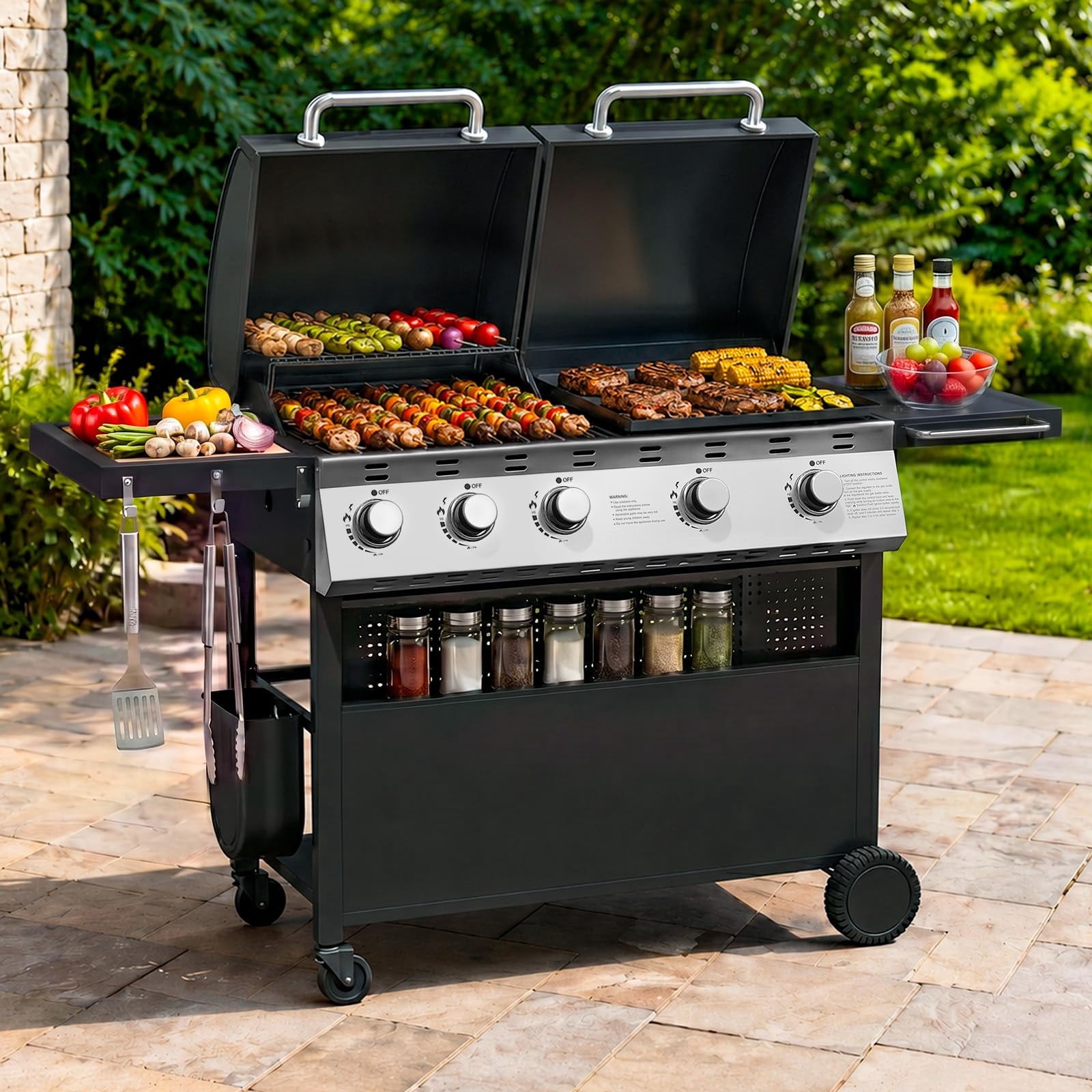 Clouddwell 4 Burner Gas Propane Grill, with 4 Casters, Side Table, and Thermometer, Patio Garden BBQ Grill Perfect for Camping, Black and Silver