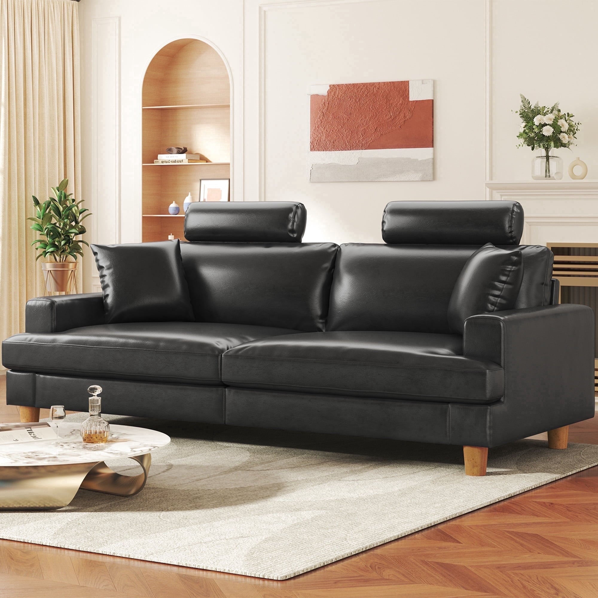 87 Sofa Premium PU Leather Couch with Headrest, Comfy 27 Extra Deep Seat 3 Seater Sofa for Living Room, Includes 2 Pillows, Black