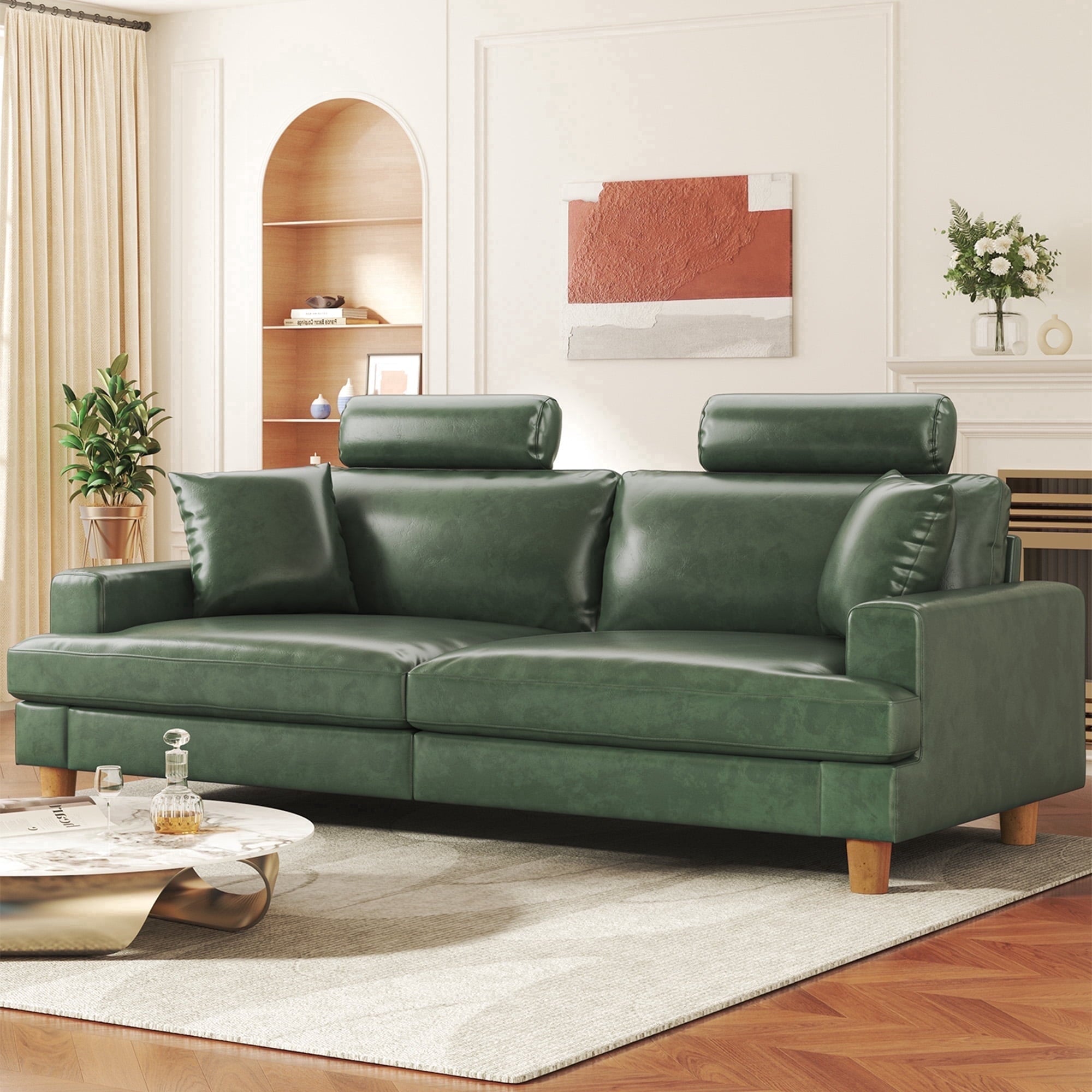 87 Sofa Premium PU Leather Couch with Headrest, Comfy 27 Extra Deep Seat 3 Seater Sofa for Living Room, Includes 2 Pillows, Black