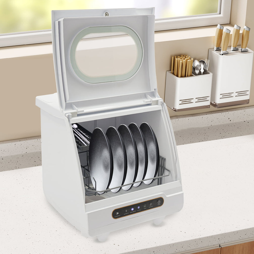 Compact Countertop Dishwasher with 5 Wash Programs, 360° Spray Arms, and Quick Installation – Ideal for Small Apartments, Dorms, and RVs