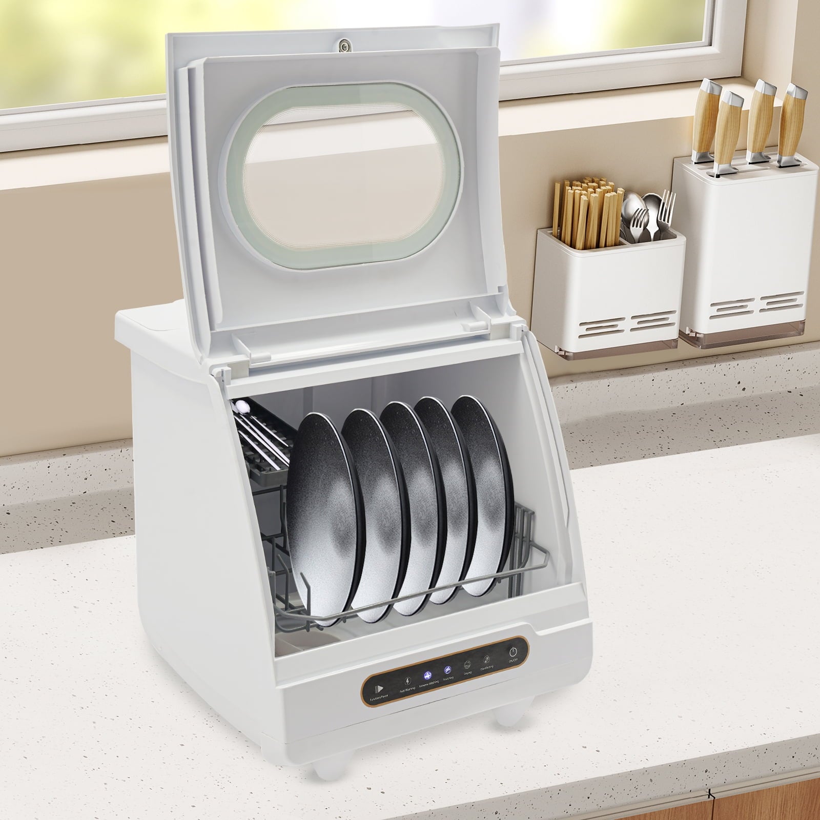 Compact Countertop Dishwasher with 5 Wash Programs, 360° Spray Arms, and Quick Installation – Ideal for Small Apartments, Dorms, and RVs