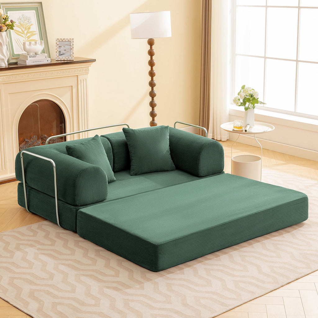 COOLHUT 63 W Combination Sofa, High Rebound Density Foam Sofa Couch, Two Forms Floor Couch Three Seats Sofa Bed for Living Room, Bedroom, Green