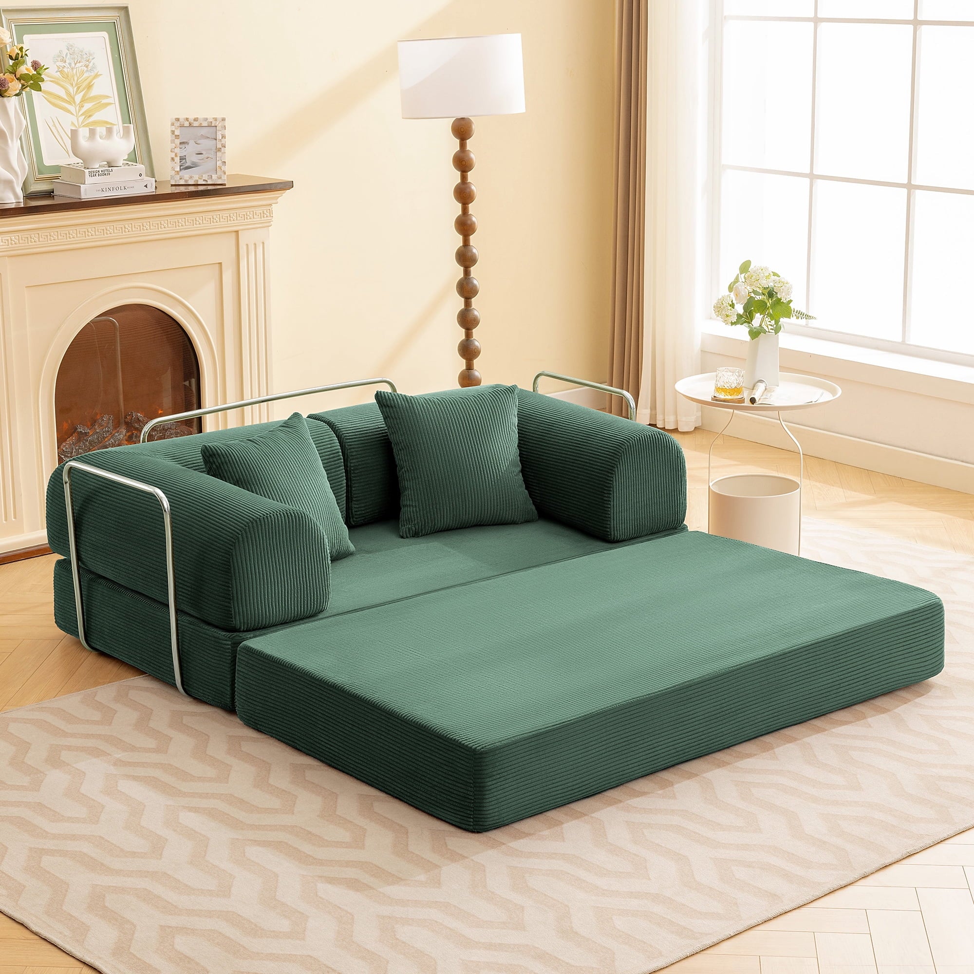 COOLHUT 63 W Combination Sofa, High Rebound Density Foam Sofa Couch, Two Forms Floor Couch Three Seats Sofa Bed for Living Room, Bedroom, Green