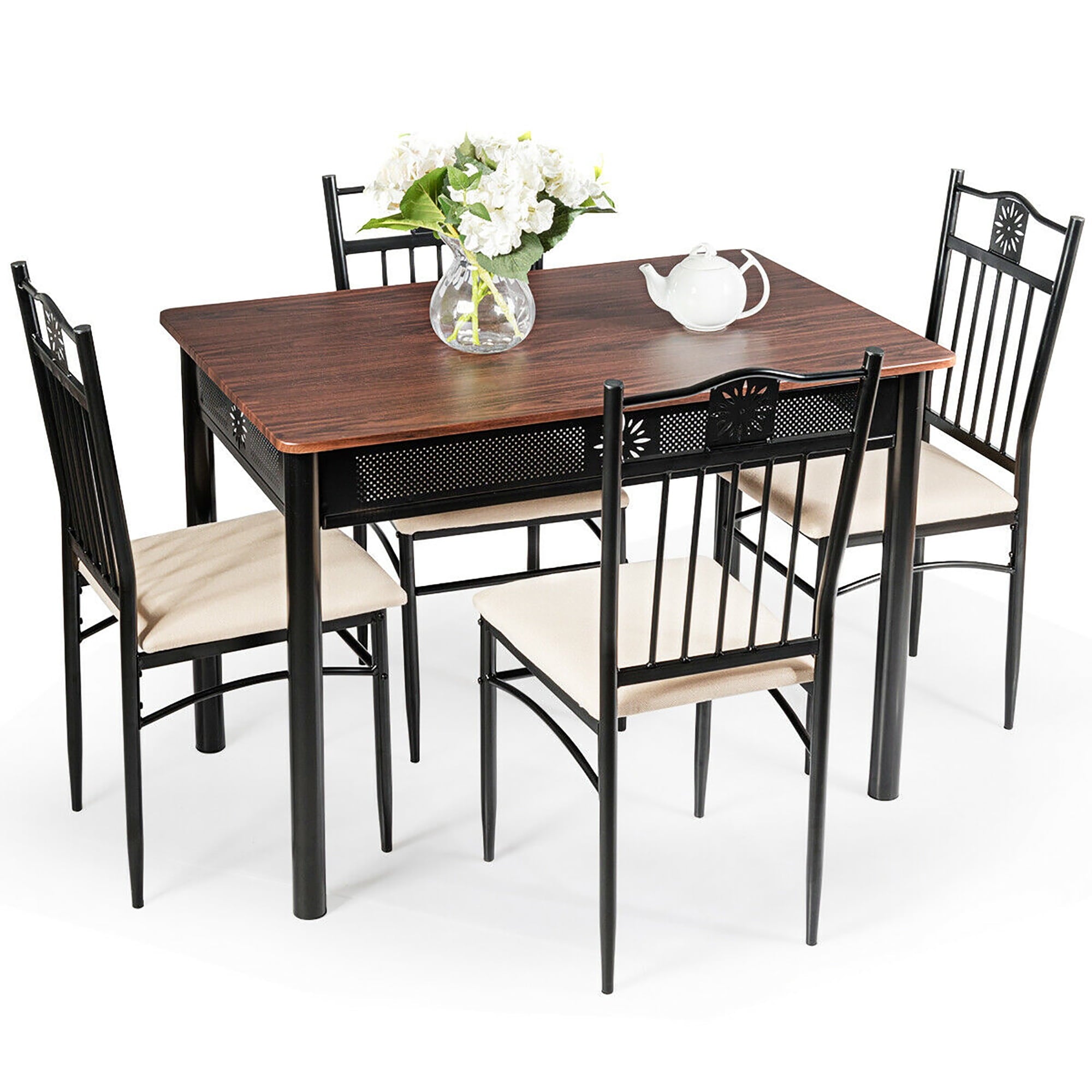 Costway 5PCS Dining Set Metal Table & 4 Chairs Kitchen Breakfast Furniture Black