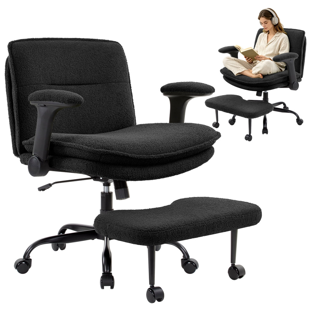 Cross Legged Office Chair with Flip-up Armrests for ADHD, Extra Wide Seat Criss Cross Desk Chair with Stretchable Footrest & Wheels for Adults, Ergonomic Meditation Chair for Home Office Black