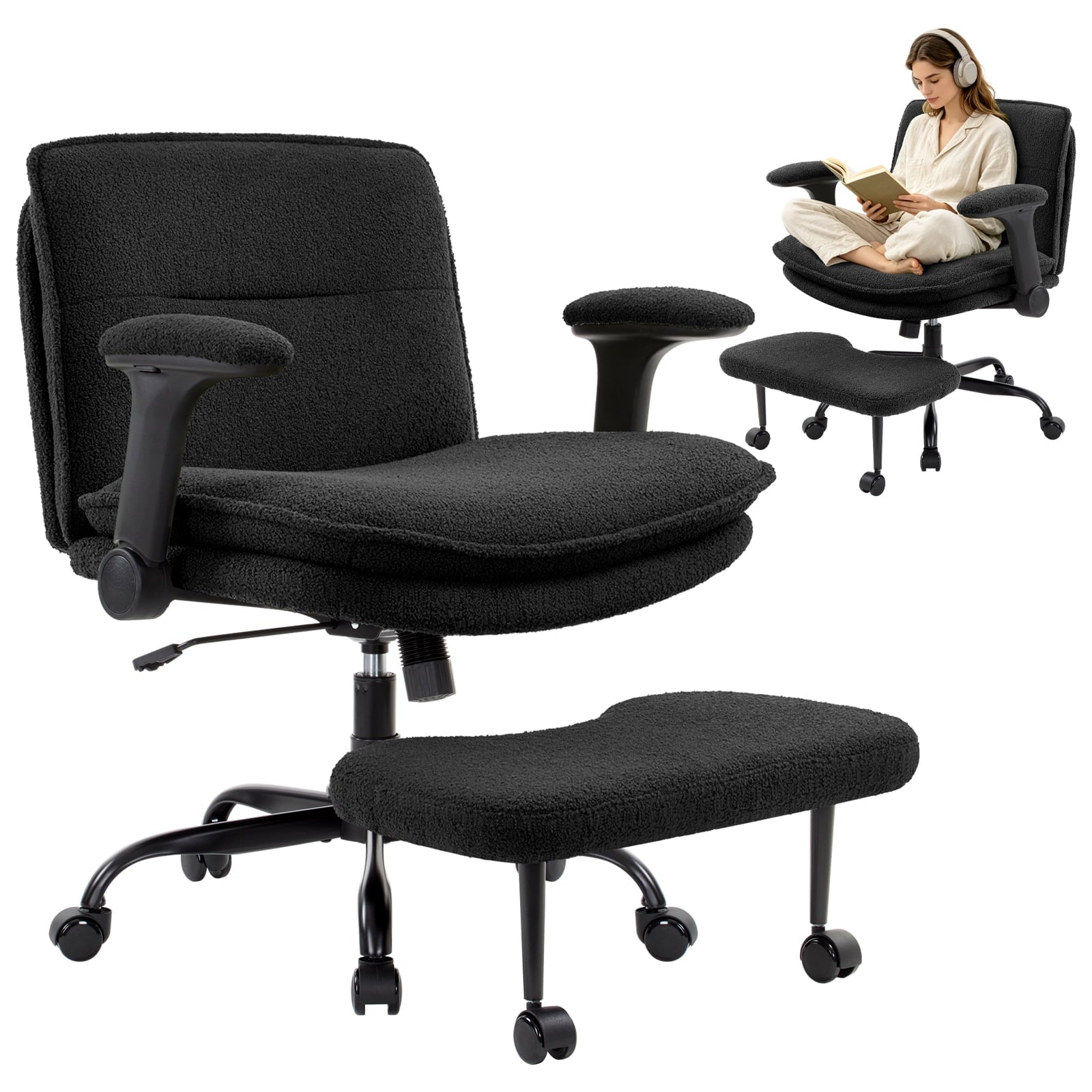 Cross Legged Office Chair with Flip-up Armrests for ADHD, Extra Wide Seat Criss Cross Desk Chair with Stretchable Footrest & Wheels for Adults, Ergonomic Meditation Chair for Home Office Black