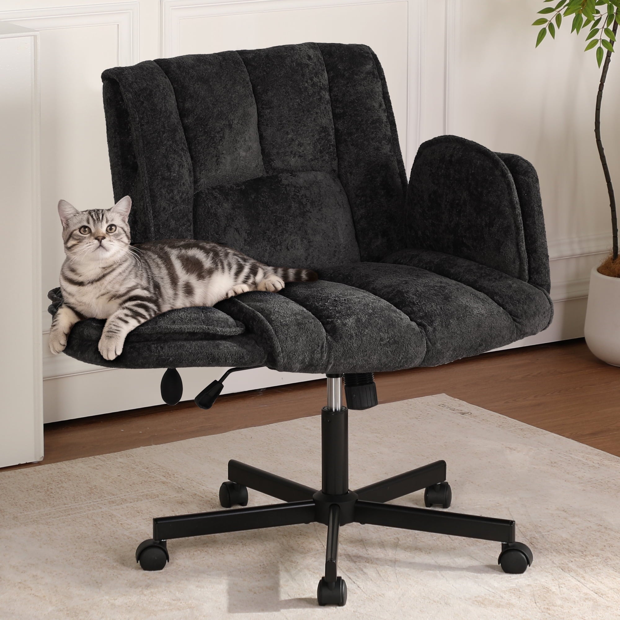 Cross Legged Office Chair with Wheels & Dynamic Airbag Lumbar Support, Criss Cross Wide Seat, 5-Position Fold-Down Armrests, Swivel Vanity Chair for Home Office, Dark Green