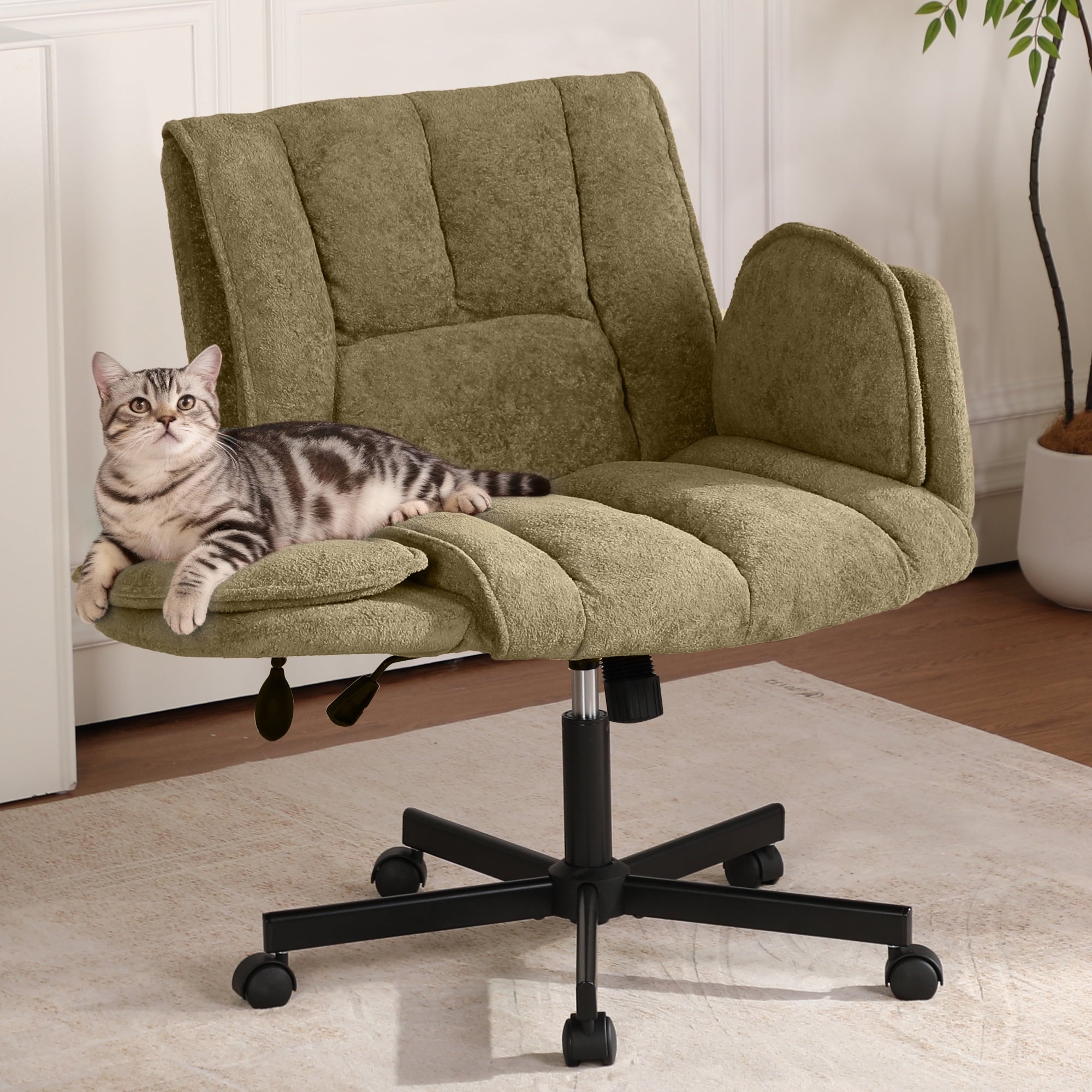 Cross Legged Office Chair with Wheels & Dynamic Airbag Lumbar Support, Criss Cross Wide Seat, 5-Position Fold-Down Armrests, Swivel Vanity Chair for Home Office, Dark Green