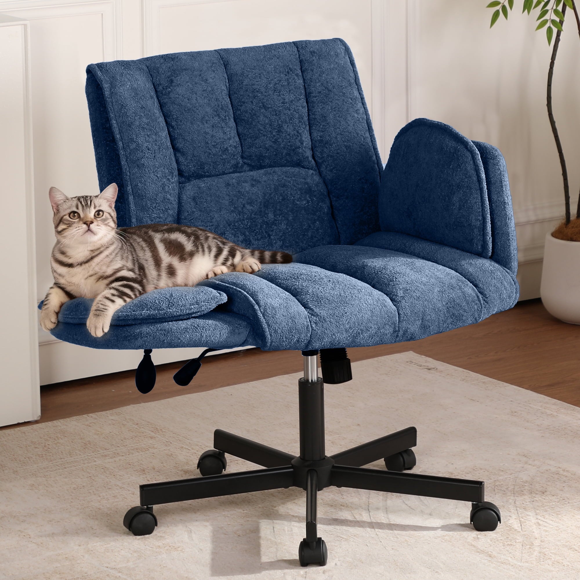 Cross Legged Office Chair with Wheels & Dynamic Airbag Lumbar Support, Criss Cross Wide Seat, 5-Position Fold-Down Armrests, Swivel Vanity Chair for Home Office, Dark Green