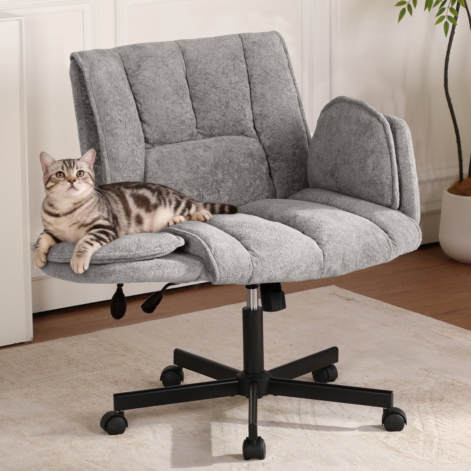 Cross Legged Office Chair with Wheels & Dynamic Airbag Lumbar Support, Criss Cross Wide Seat, 5-Position Fold-Down Armrests, Swivel Vanity Chair for Home Office, Dark Green