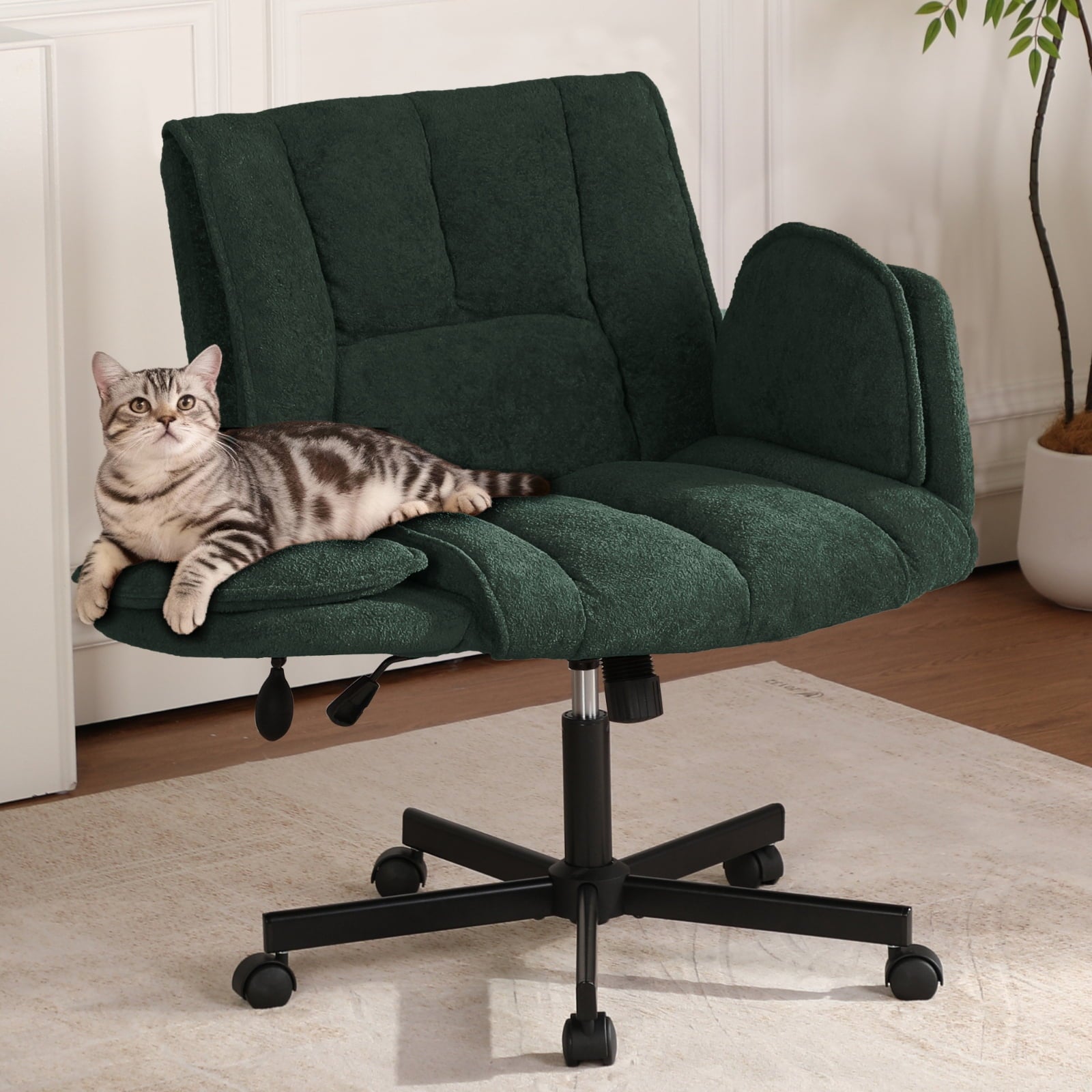Cross Legged Office Chair with Wheels & Dynamic Airbag Lumbar Support, Criss Cross Wide Seat, 5-Position Fold-Down Armrests, Swivel Vanity Chair for Home Office, Dark Green