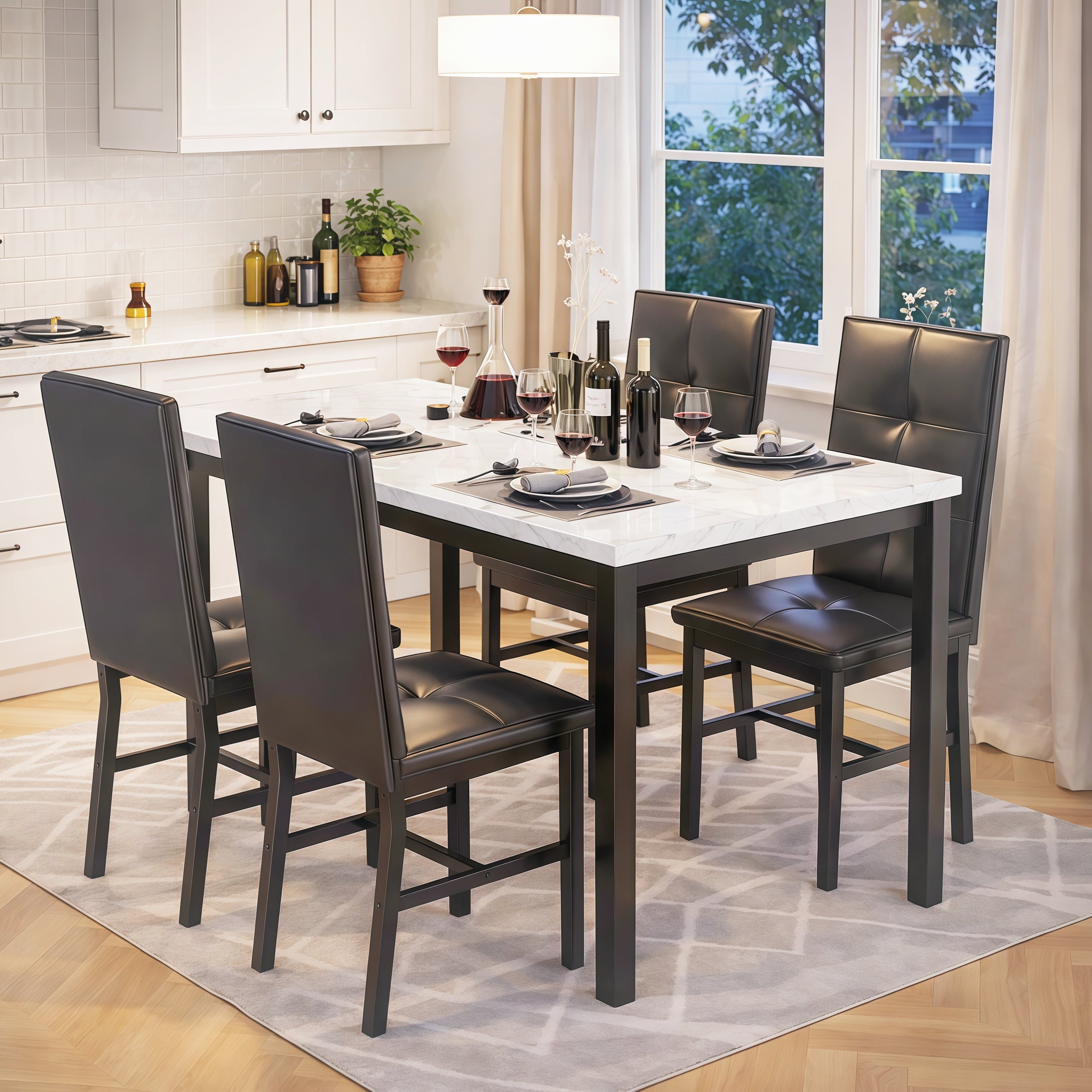 LinkRomat Dining Table Set for 4, Modern Faux Marble Tabletop and 4 PU Leather Upholstered Chairs, Kitchen Table and Chairs for Dining Room Breakfast Nook, Gray