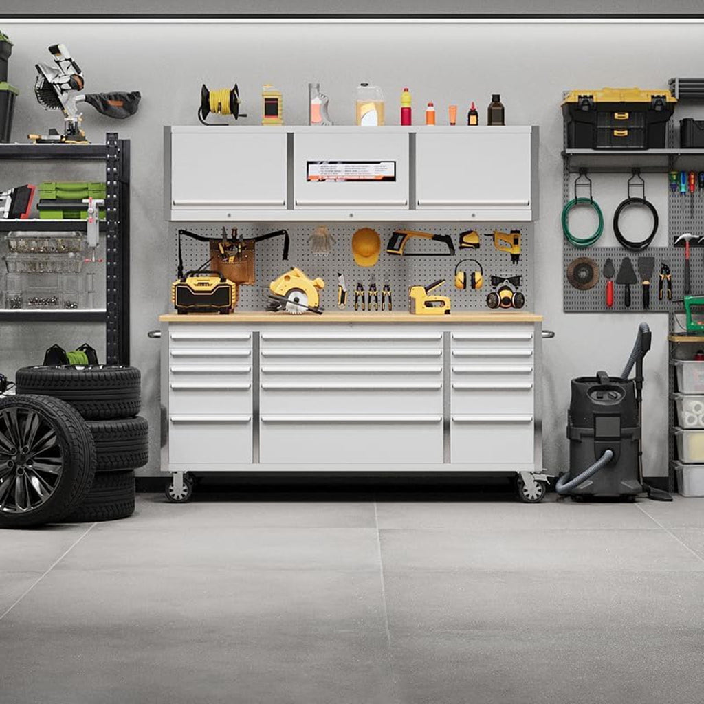 Danolapsi 72 Inch Rolling Tool Cabinet, Heavy-Duty Garage Workbench with 15 Drawers & 3 Cabinets, Steel Frame Workshop Table for Mechanics, Garage Organization, Large Tool Bench Storage with Pegboard