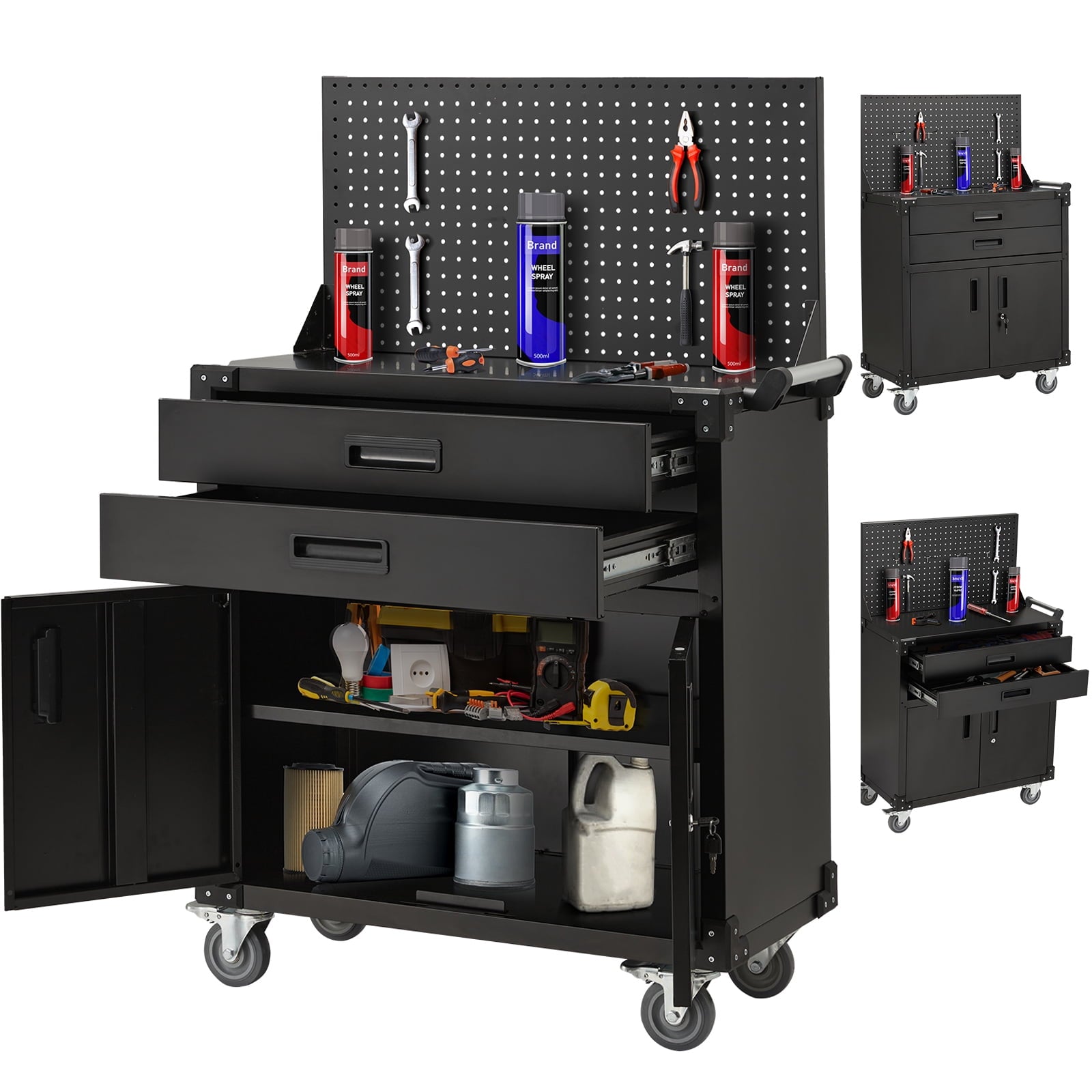 Danrelax 52 Mobile Workbench with Pegboard, 2 Drawers, Lockable Cabinet, Heavy-Duty Steel, 220 lb Capacity, 4 Locking Wheels