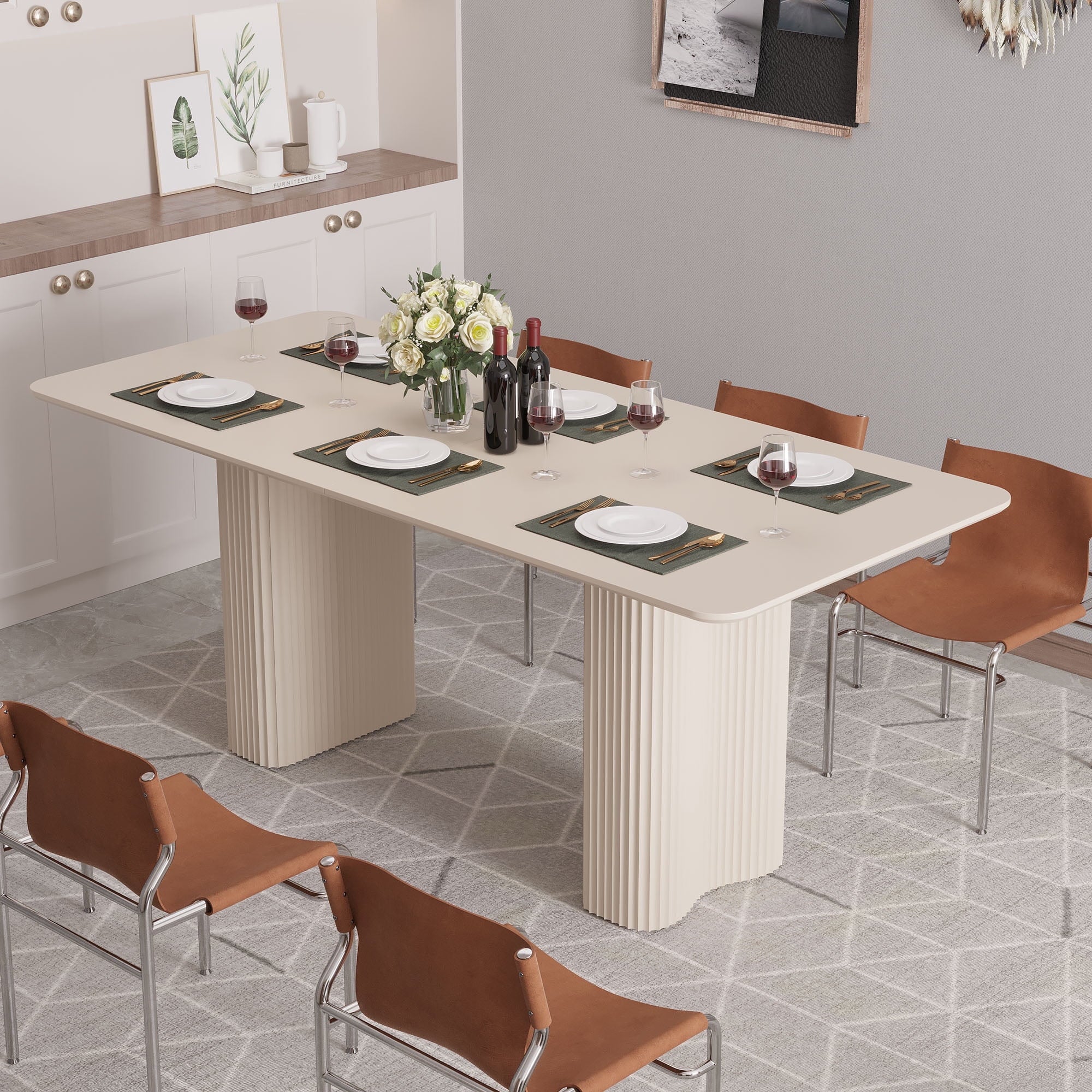 Dextrus 63  Modern Dining Table with Curved Wave Legs, Cream White Rectangular Kitchen Table for 4-6 Person, Dining Room Table for Gathering, Kitchen, Dining Living Room