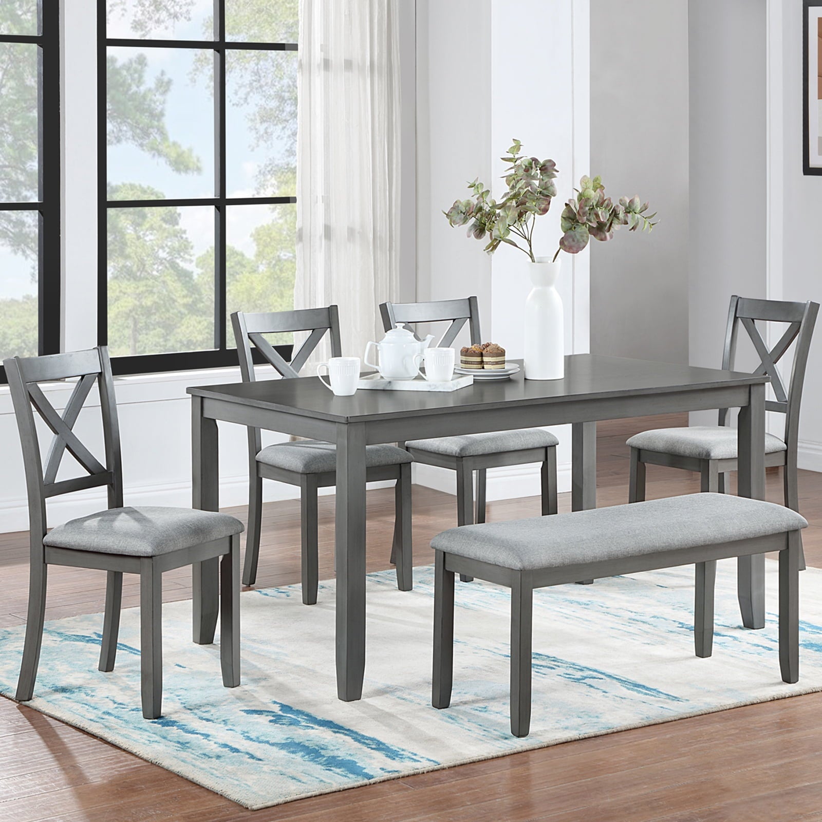 Dining Room Set, LEGAHOME 6 Piece Dining Sets with Bench and Chairs, Solid Wood Kitchen Dining Table Set for 6 with Upholstered Chairs, Gray