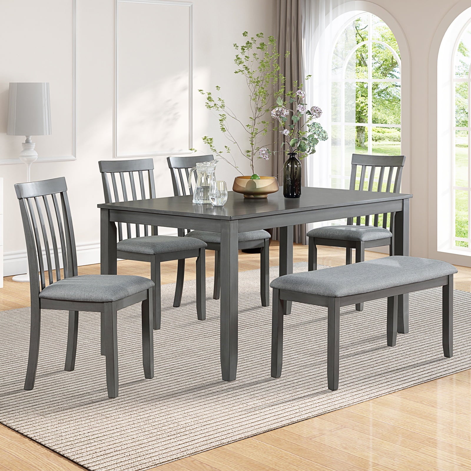 Dining Room Set, LEGAHOME 6 Piece Dining Sets with Bench and Chairs, Solid Wood Kitchen Dining Table Set for 6 with Upholstered Chairs, Gray