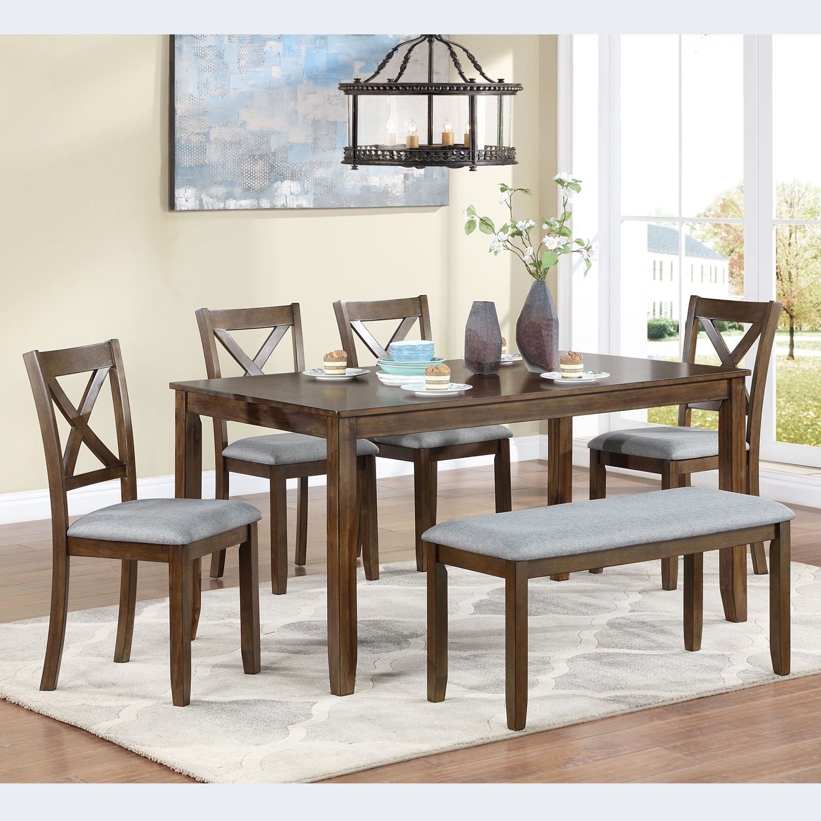 Dining Room Set, LEGAHOME 6 Piece Dining Sets with Bench and Chairs, Solid Wood Kitchen Dining Table Set for 6 with Upholstered Chairs, Gray