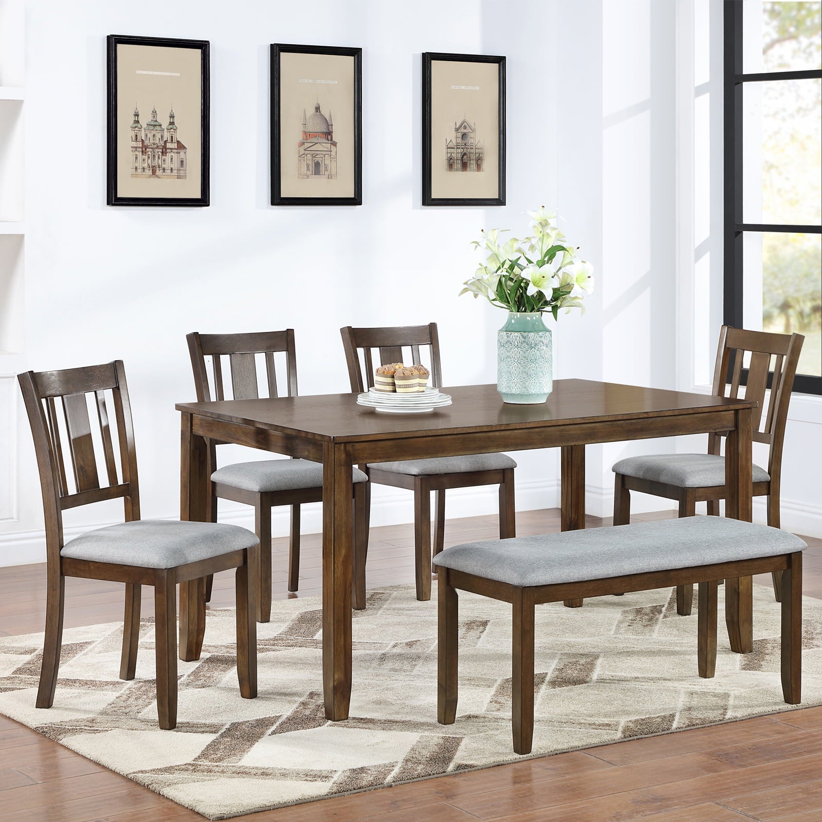 Dining Room Set, LEGAHOME 6 Piece Dining Sets with Bench and Chairs, Solid Wood Kitchen Dining Table Set for 6 with Upholstered Chairs, Gray