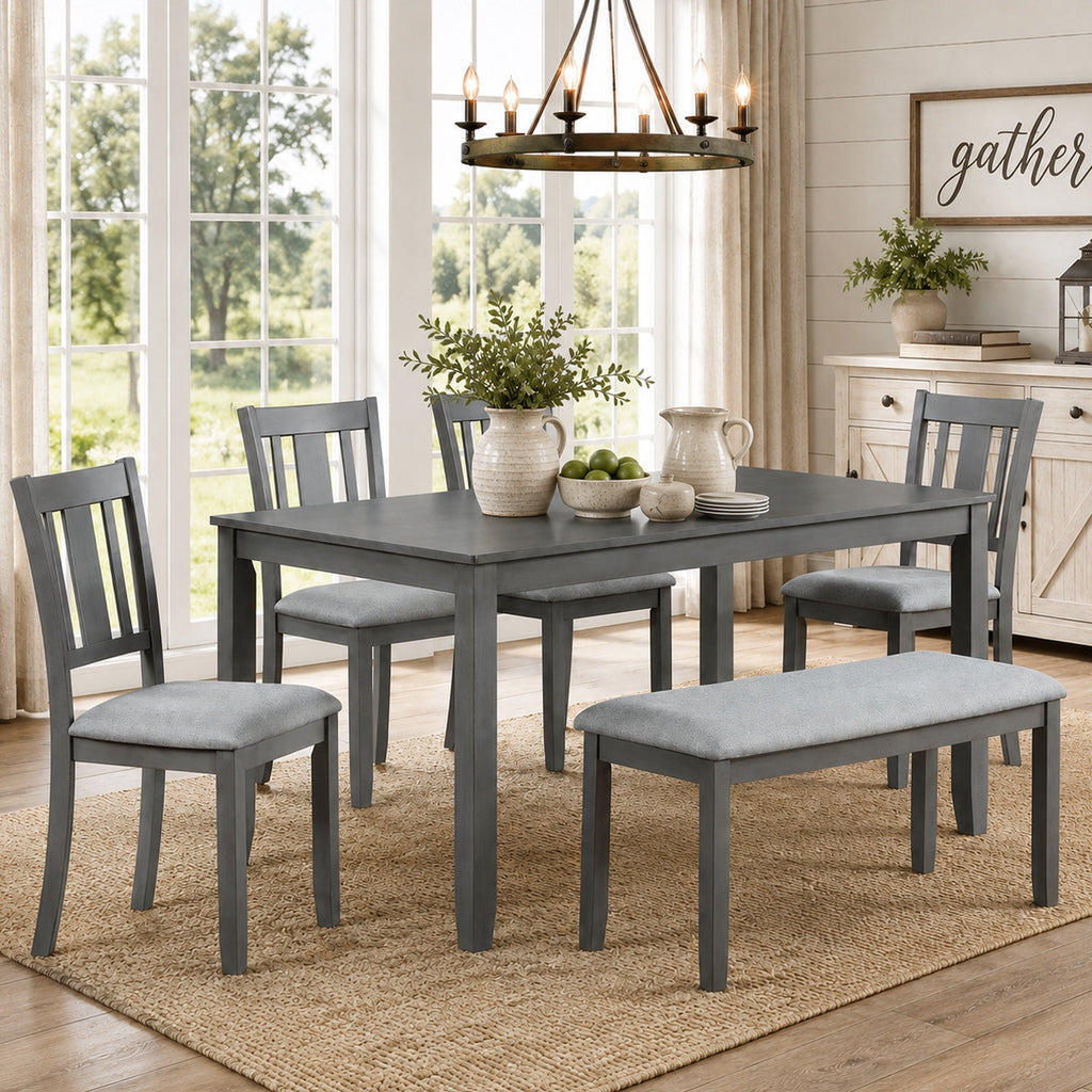 Dining Room Set, LEGAHOME 6 Piece Dining Sets with Bench and Chairs, Solid Wood Kitchen Dining Table Set for 6 with Upholstered Chairs, Gray