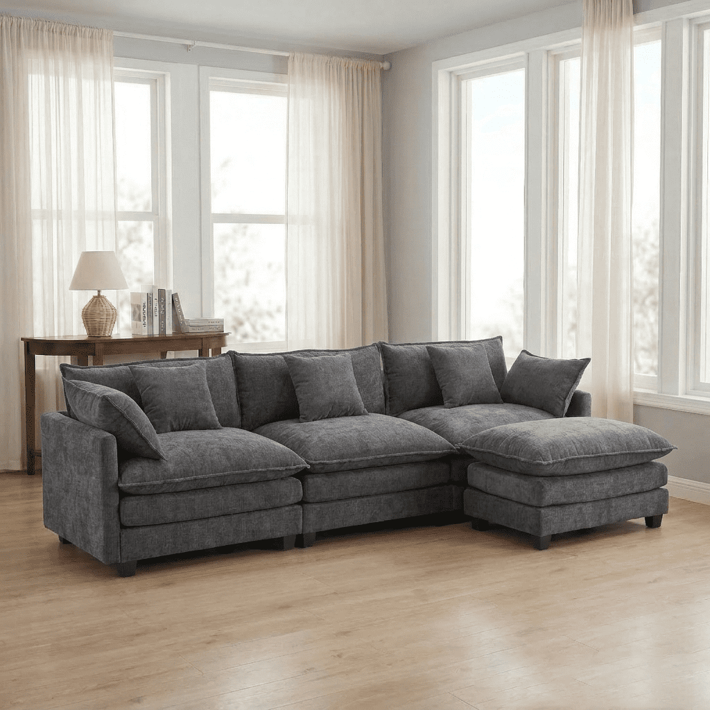 Dioepic Cloud Chenille 3-Seat Living Room Sectional Sofa Modern Cloud Couch 111.4 with Ottoman & 3 Pillows, Grey