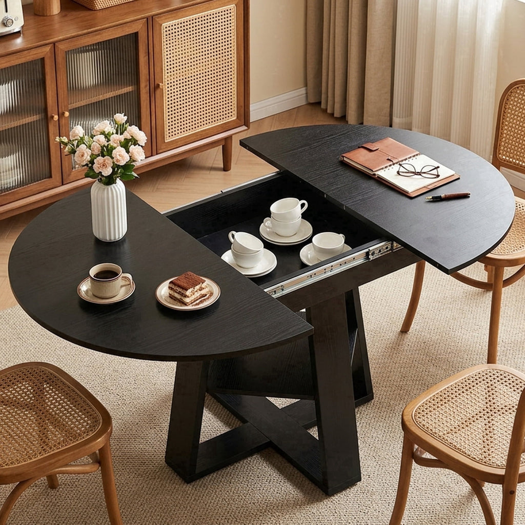 EDX 43.3″–59″ Extendable Round Dining Table for 4-8, Modern Oval Dining Table with Removable Leaves, Wooden Kitchen Table with Storage Shelf Base, Space Saving for Kitchen Living Room, Black