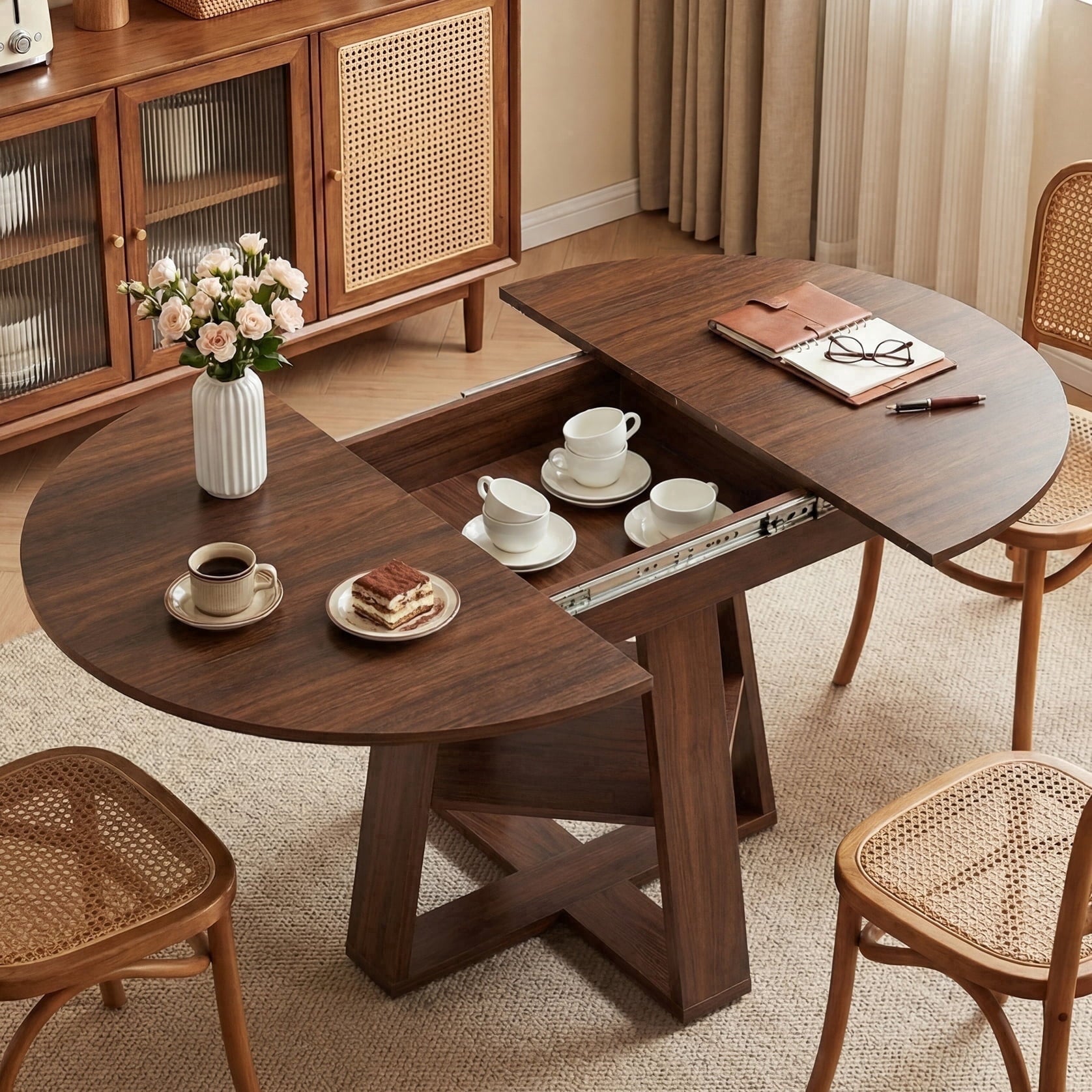 EDX 43.3″–59″ Extendable Round Dining Table for 4-8, Modern Oval Dining Table with Removable Leaves, Wooden Kitchen Table with Storage Shelf Base, Space Saving for Kitchen Living Room, Black