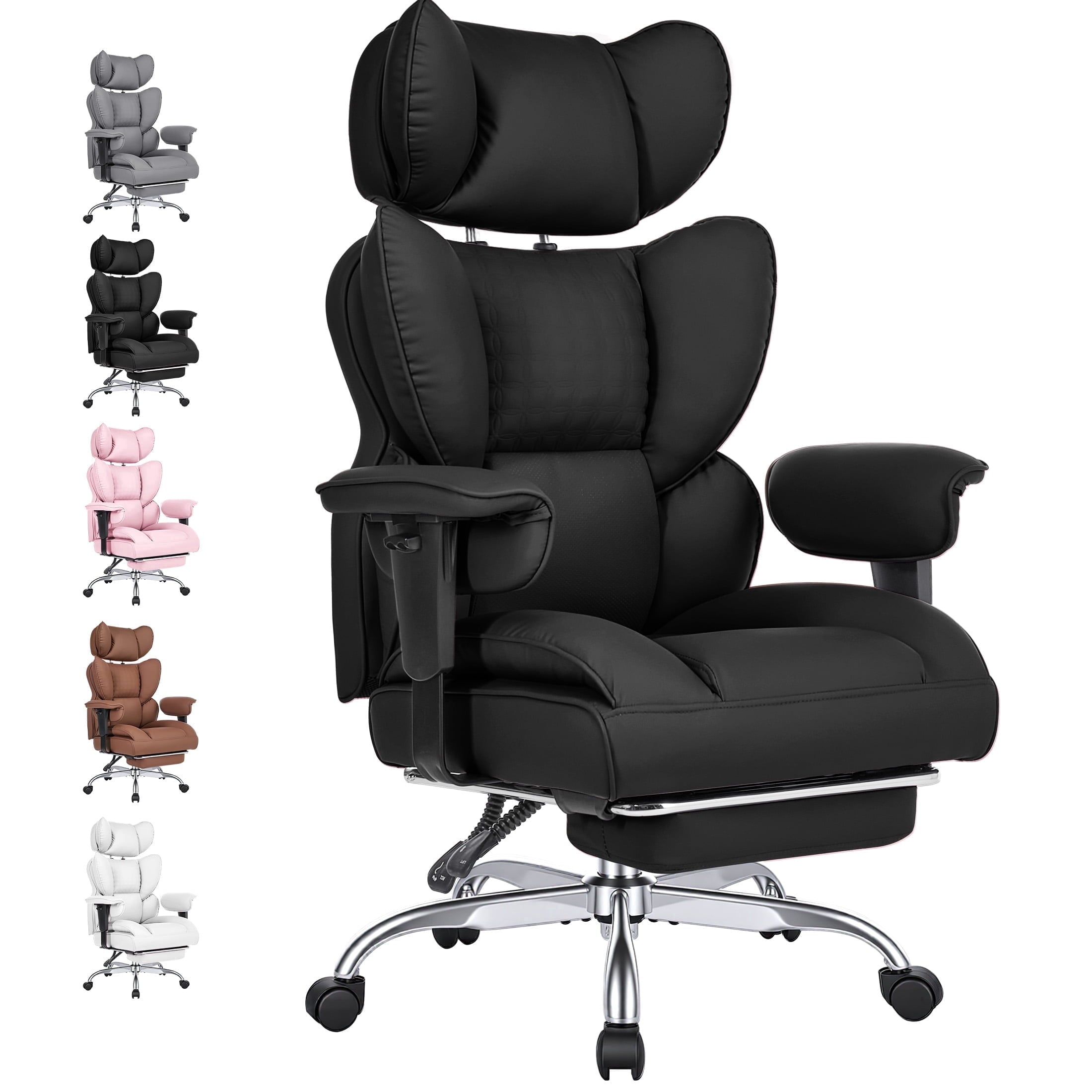 edx Executive Home Office Desk Chair, Ergonomic Big Tall High Back with Footrest & Lumbar Support, Reclining Comfy PU Leather Computer Gaming Chair with Swivel Wheels, Height Adjustable, Black