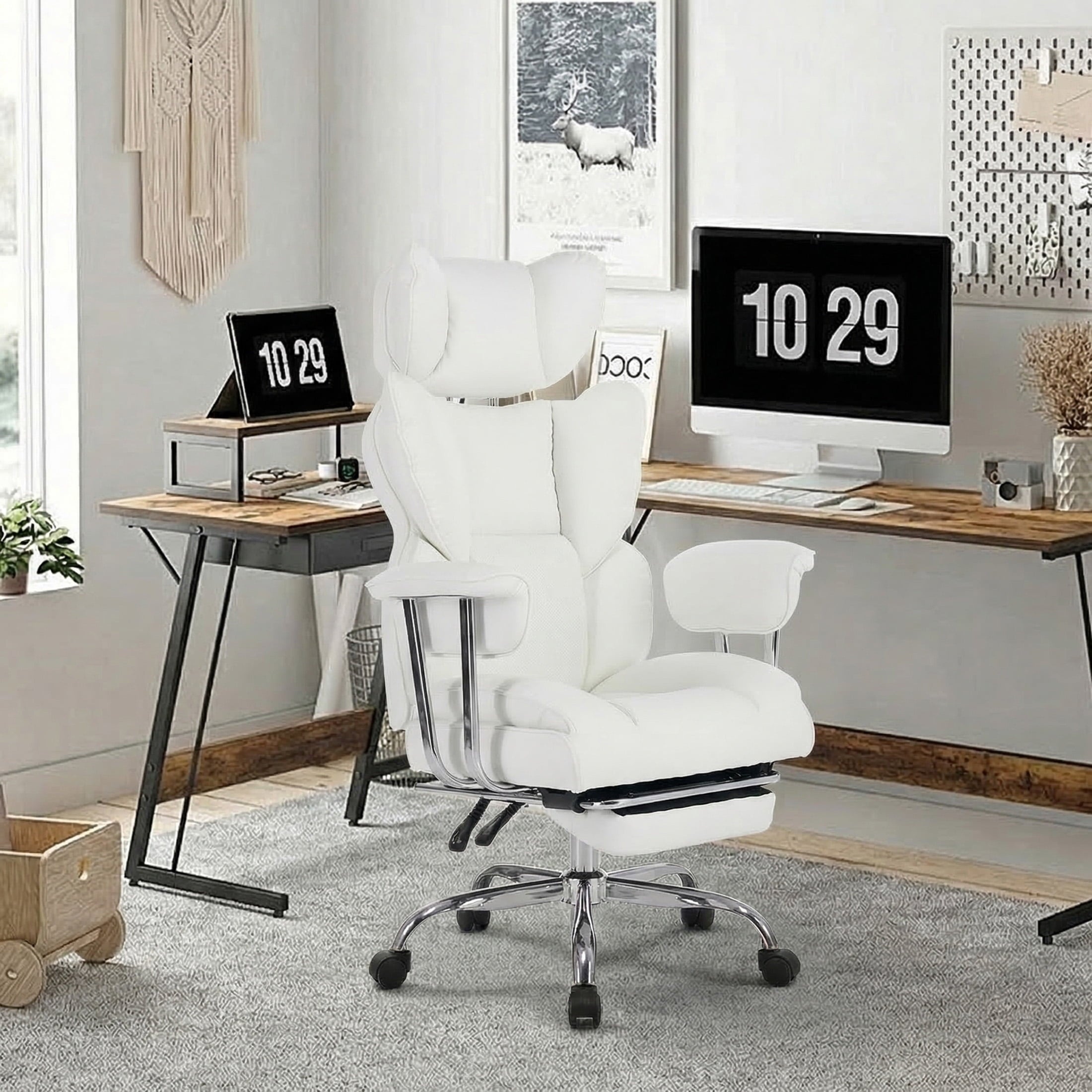 edx Executive Home Office Desk Chair, Ergonomic Big Tall High Back with Footrest & Lumbar Support, Reclining Comfy PU Leather Computer Gaming Chair with Swivel Wheels, Height Adjustable, Black