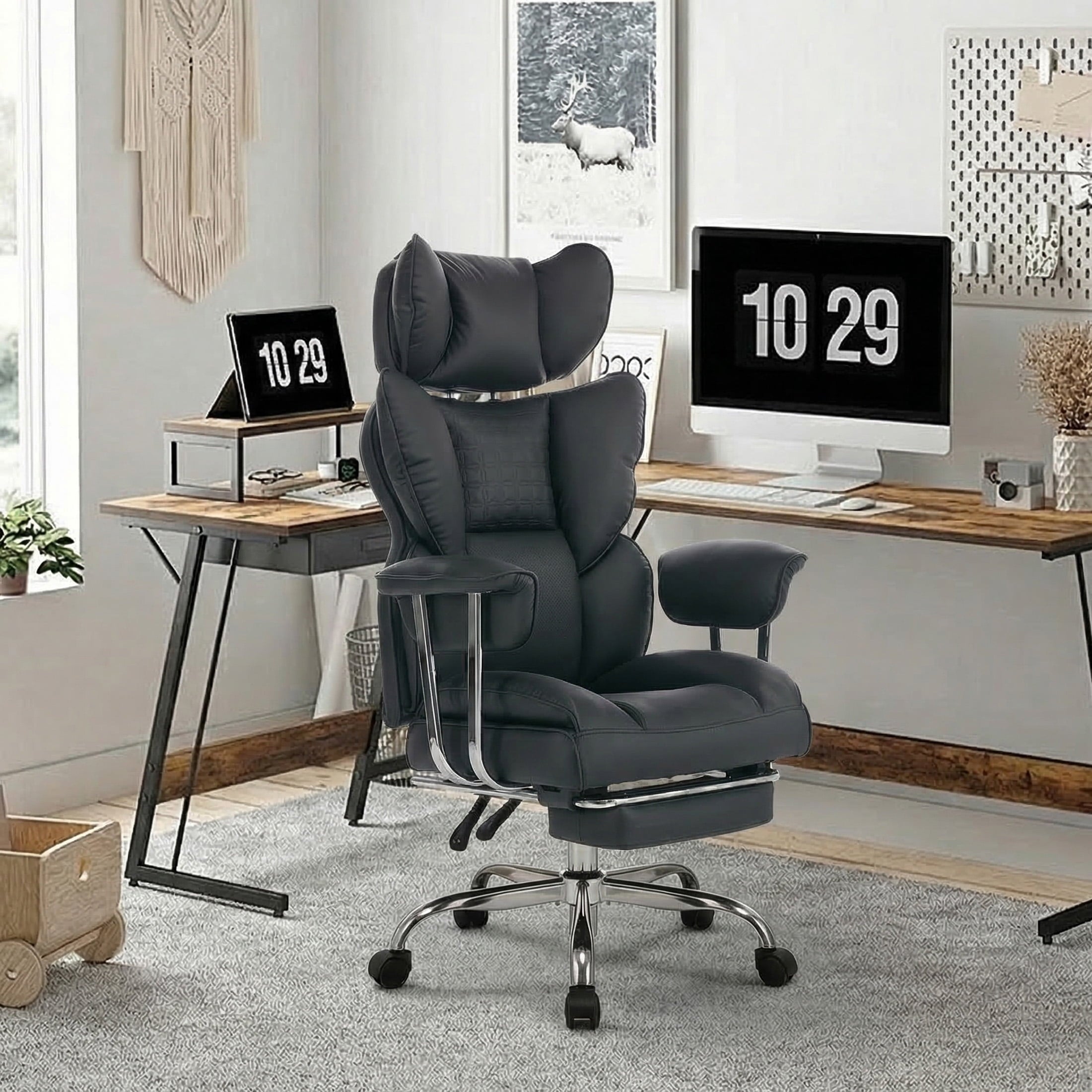edx Executive Home Office Desk Chair, Ergonomic Big Tall High Back with Footrest & Lumbar Support, Reclining Comfy PU Leather Computer Gaming Chair with Swivel Wheels, Height Adjustable, Black