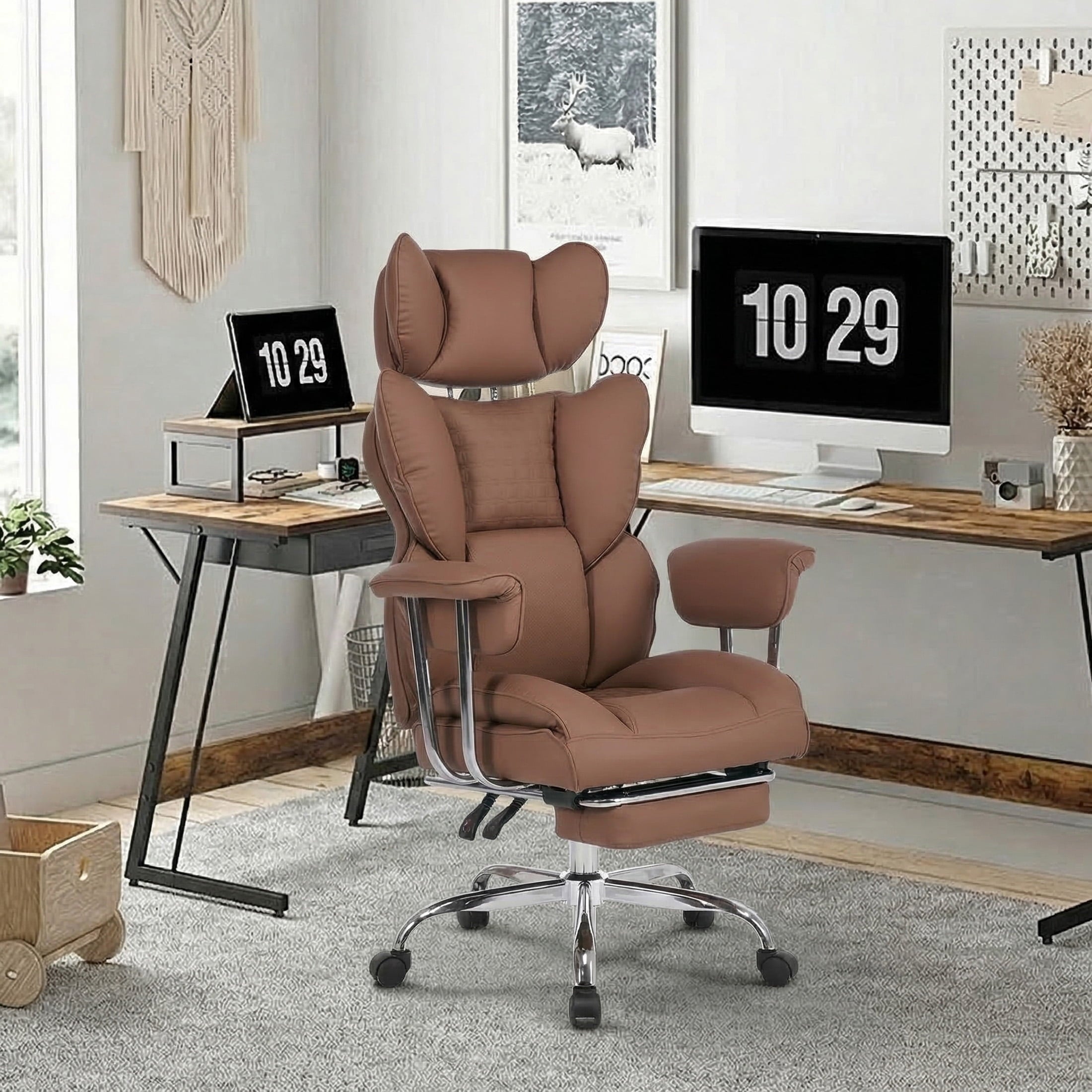 edx Executive Home Office Desk Chair, Ergonomic Big Tall High Back with Footrest & Lumbar Support, Reclining Comfy PU Leather Computer Gaming Chair with Swivel Wheels, Height Adjustable, Black