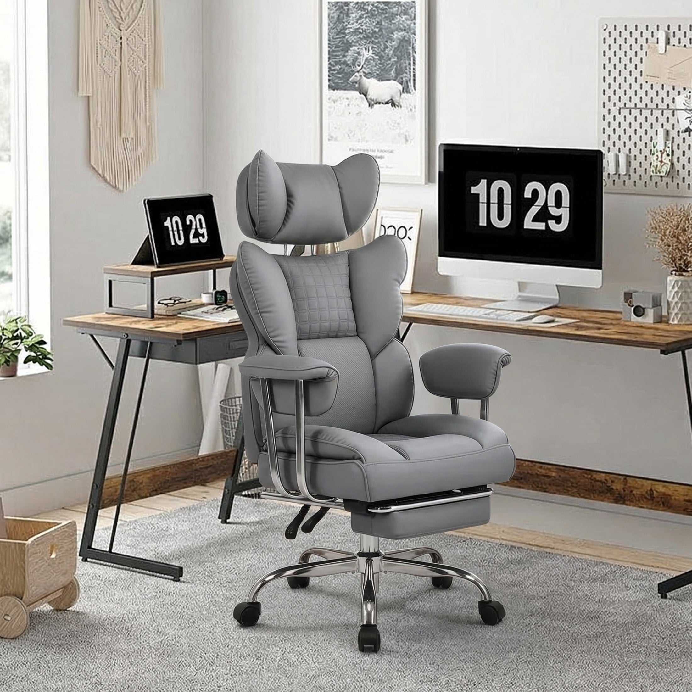 edx Executive Home Office Desk Chair, Ergonomic Big Tall High Back with Footrest & Lumbar Support, Reclining Comfy PU Leather Computer Gaming Chair with Swivel Wheels, Height Adjustable, Black