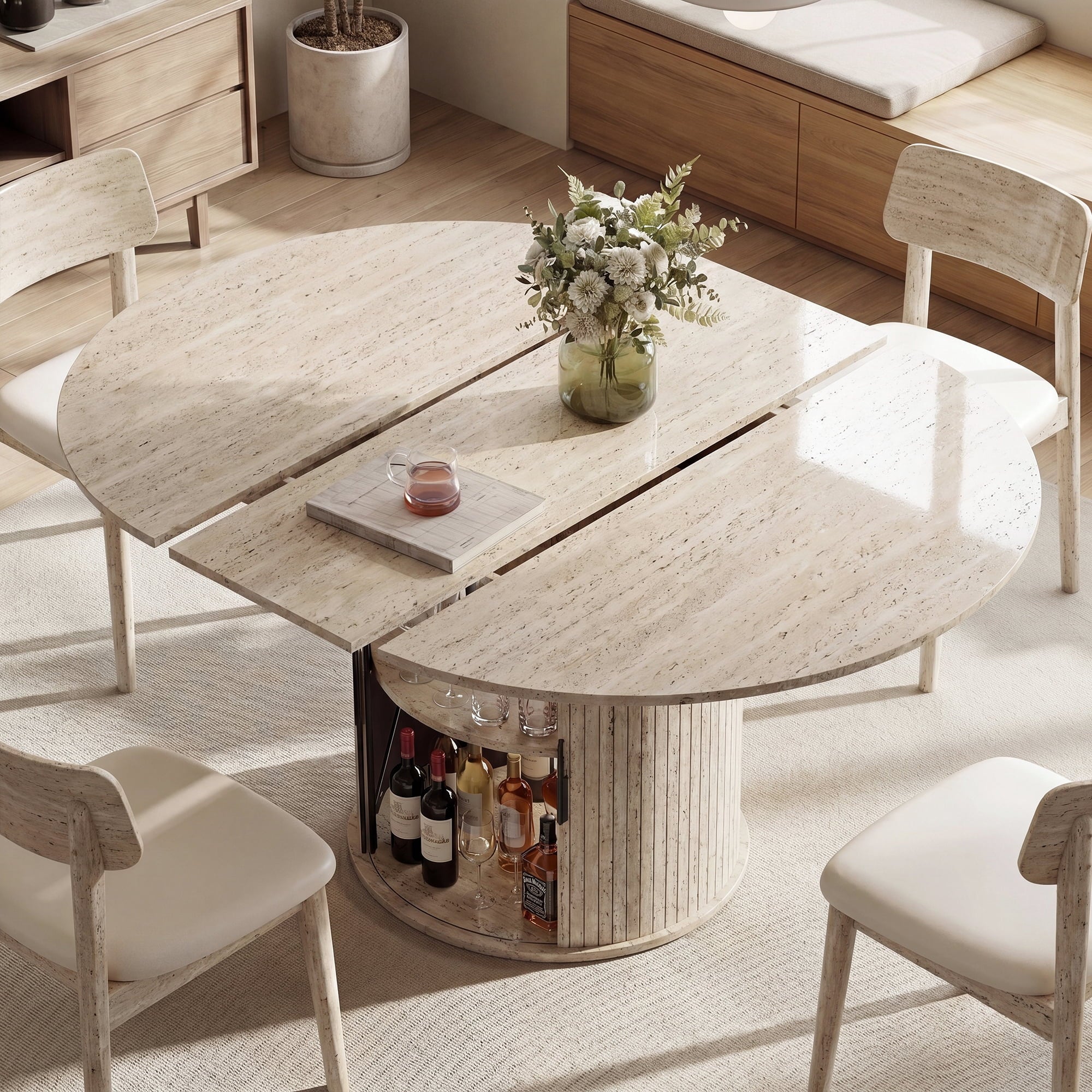 EOP 47″- 63″ Extendable Round Dining Table for 4-6, Wooden Kitchen Table with Hidden Storage and Fluted Sliding Door Cabinet, Modern Space-Saving Table for Dining Room Kitchen, Natural Wood