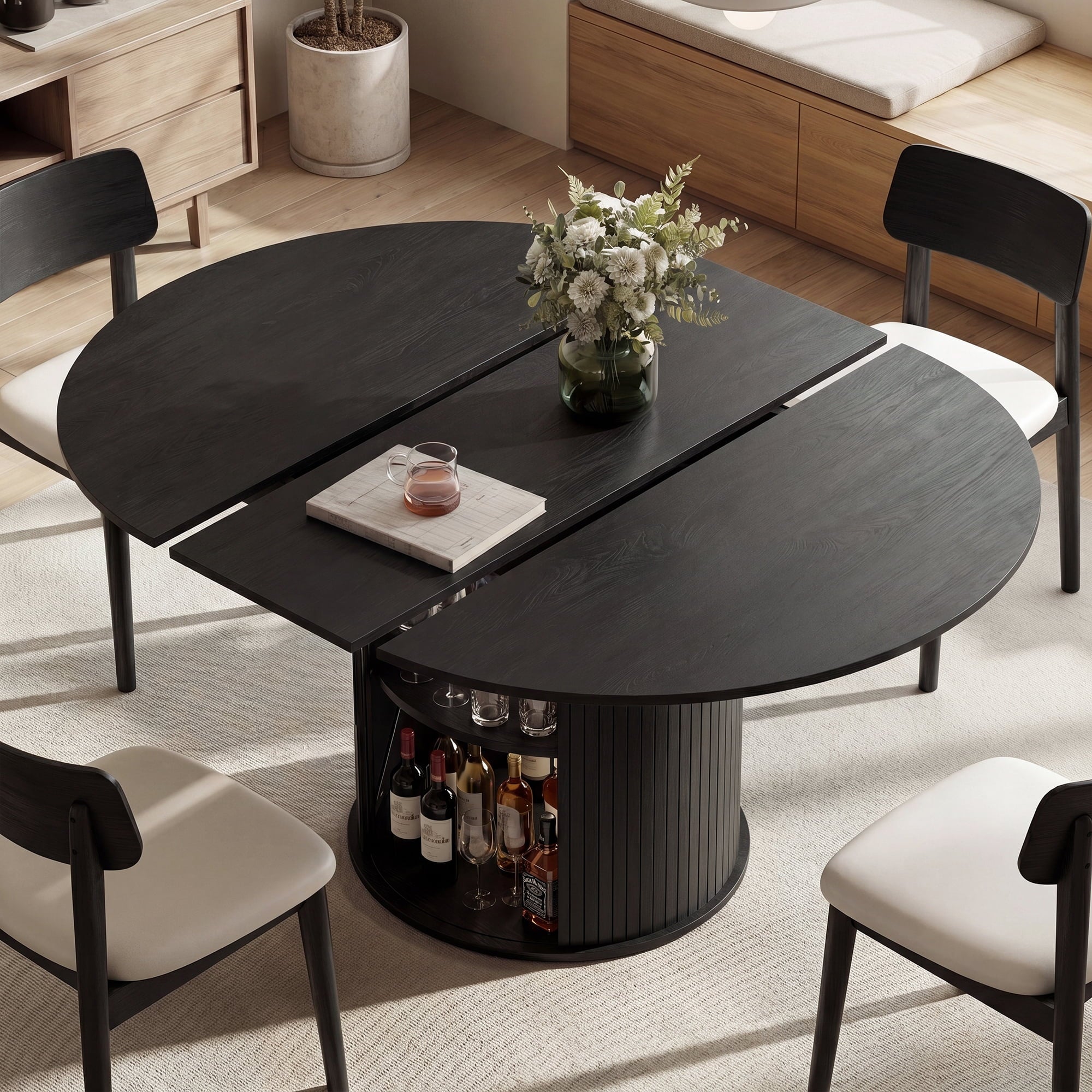 EOP 47″- 63″ Extendable Round Dining Table for 4-6, Wooden Kitchen Table with Hidden Storage and Fluted Sliding Door Cabinet, Modern Space-Saving Table for Dining Room Kitchen, Walnut