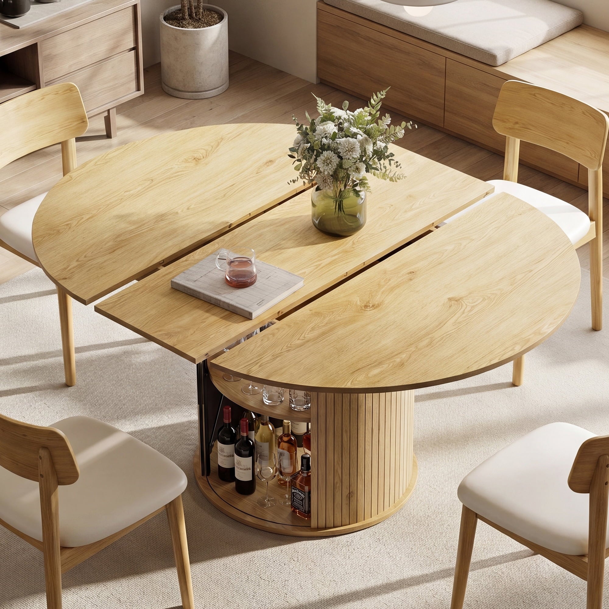 EOP 47″- 63″ Extendable Round Dining Table for 4-6, Wooden Kitchen Table with Hidden Storage and Fluted Sliding Door Cabinet, Modern Space-Saving Table for Dining Room Kitchen, Natural Wood