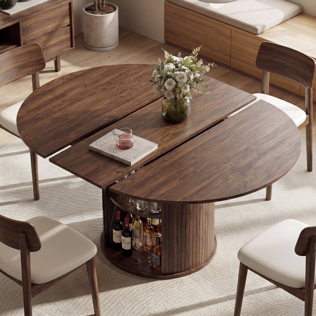 EOP 47″- 63″ Extendable Round Dining Table for 4-6, Wooden Kitchen Table with Hidden Storage and Fluted Sliding Door Cabinet, Modern Space-Saving Table for Dining Room Kitchen, Walnut