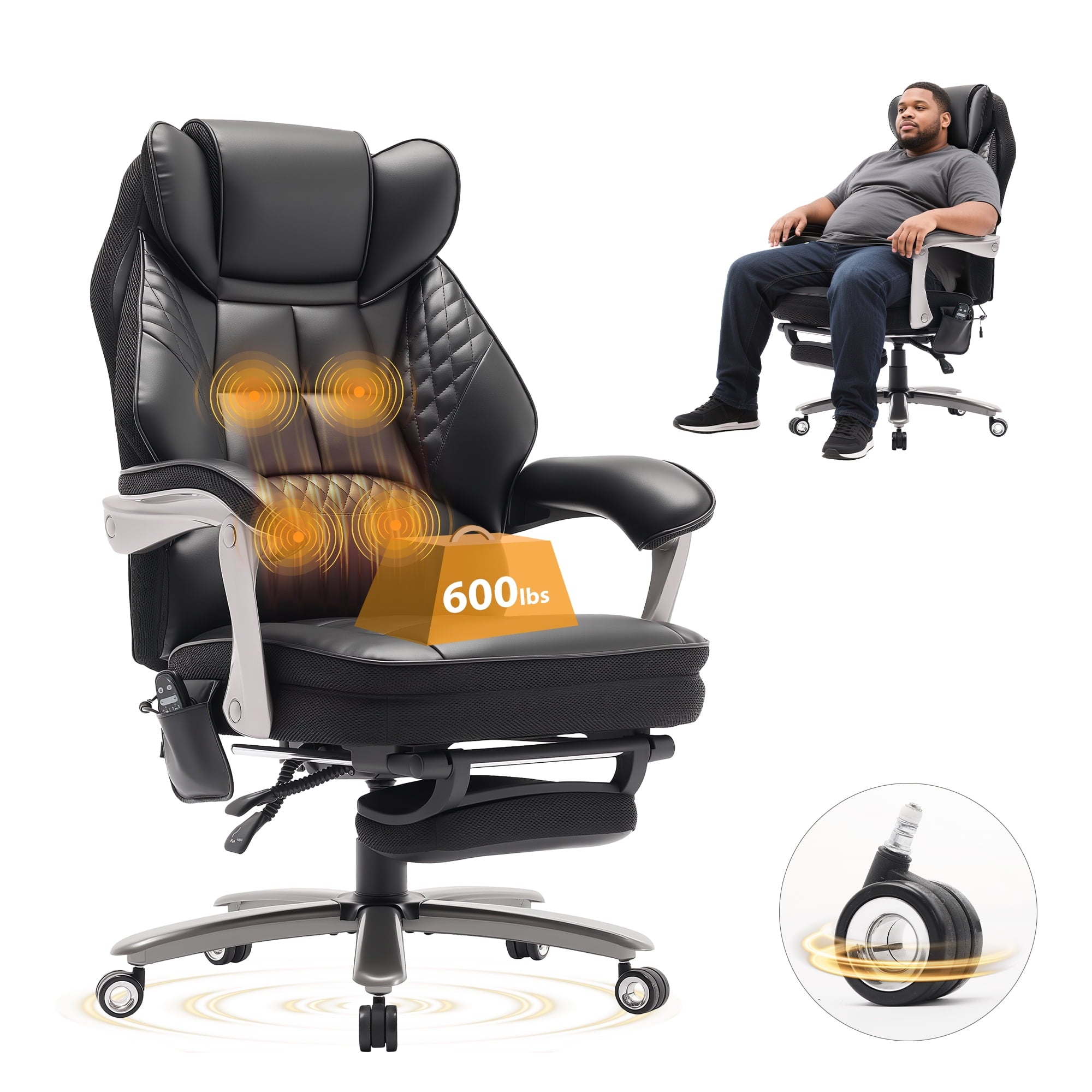 EOP Massage Office Chair with Heat and 4 Vibration Points, Ergonomic Executive Desk Chair with Adjustable Footrest, Big and Tall Swivel Computer Chair, Reclining Back, Black