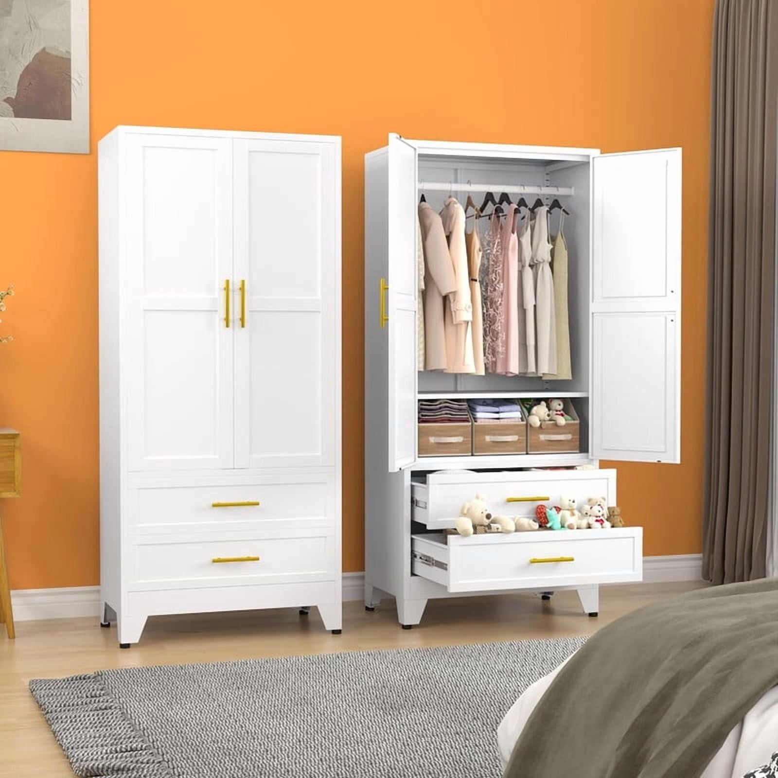 EROSOEI Metal Freestanding Armoire Wardrobe Clost With Hanging Rod and Drawers