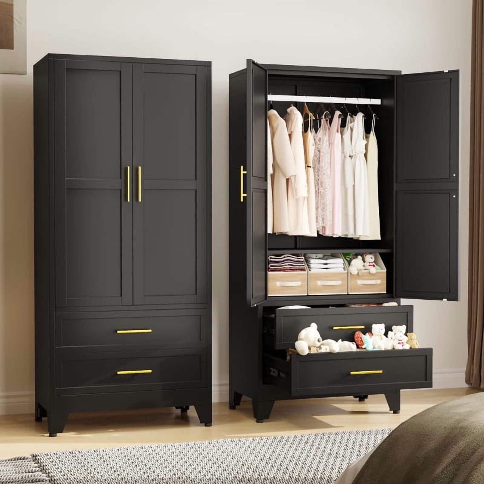 EROSOEI Metal Freestanding Armoire Wardrobe Clost With Hanging Rod and Drawers